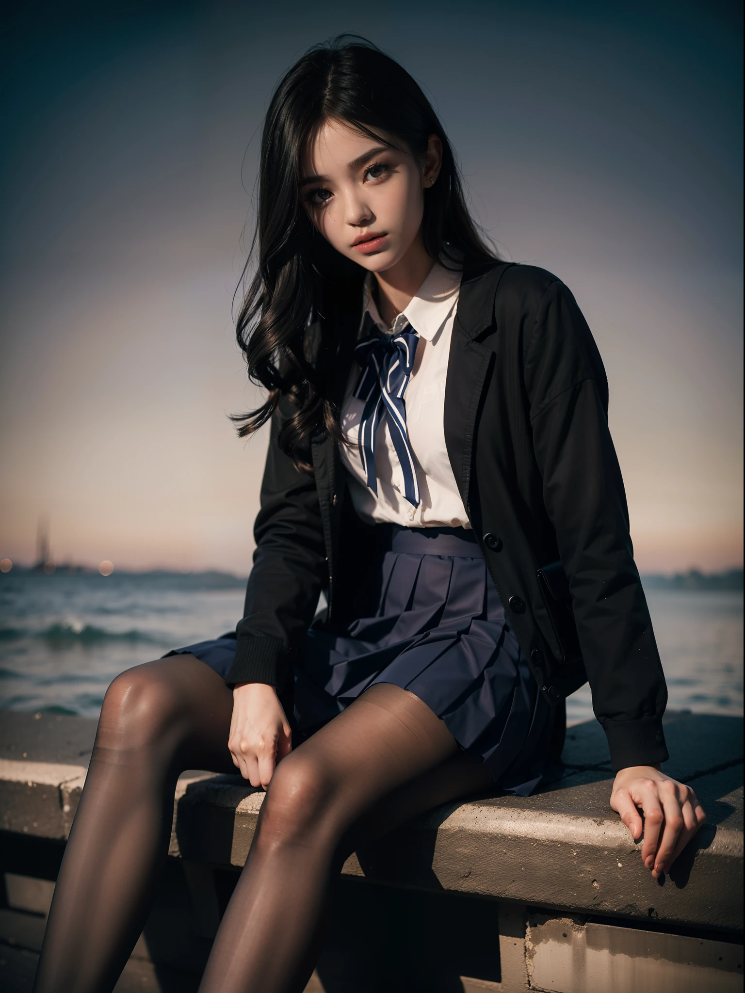 (full bodyesbian:1.5),(1girll:1.3),(view the viewer:1.4),(anatomy correct:1.3),(Sitting by the sea:1.2),(Red and blue sailor suit and pleated skirt with ribbon:1.2),(Sepia pantyhose:1.3),( JK school uniform girls bow small leather shoes:1.1),(Accurate and perfect face:1.3),hyper HD, Ray traching, reflective light, structurally correct, Award-Awarded, High detail, Fade shadow contrast, Face lighting ,Cinematic lighting, Masterpiece, super detailing, High quality, High detail, Best quality, 16k,High contrast,