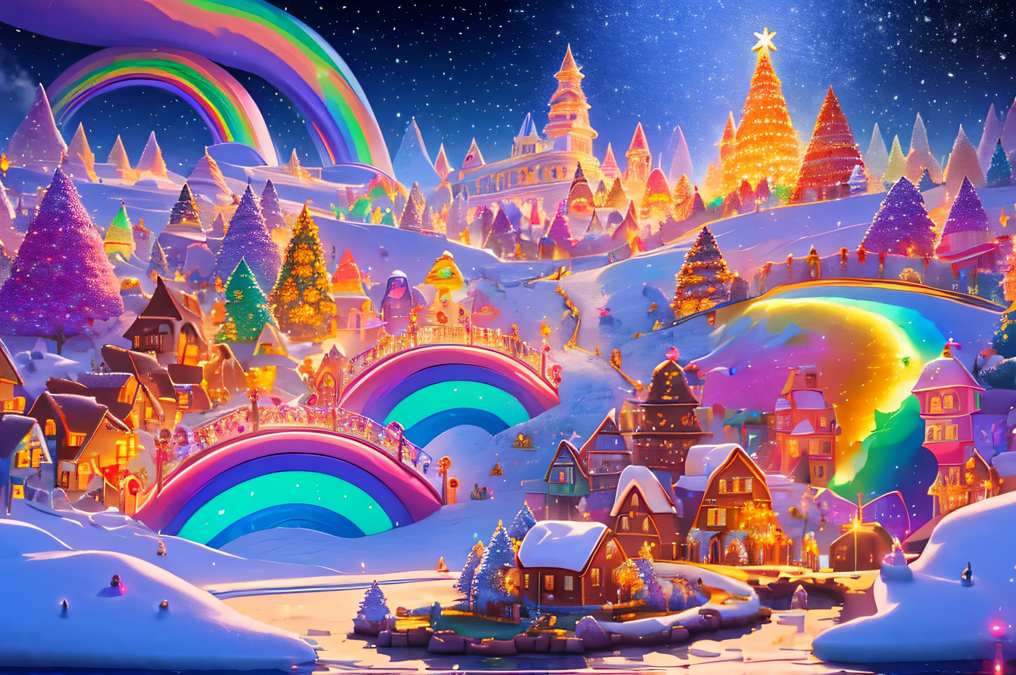 (tmasterpiece, Best Quality:1.3), Hyper High Detail, Fantasy, 8K, (Snowy cityscape:1.3), Christmas tree, Dynamic,Cinematic sensation, ultra-detailliert, Full background, dream magical, Illustration, water dripping, kirakira, (Odd Cookies:1.3), (ocean), , syrup, glitters, Scenery, ((no man)), ((It's snowing a little,The rainbow hangs high in the sky)), (shiny:1.2), various colors, monolithic, (full bloom:0.4), ighly detailed, (Yellow and brown theme:1.3), Streaked, rainbow, (gradients), Christmas party celebrated in the city, Lively, carnival, A lot of dancing dwarfs, Perfectcomposition