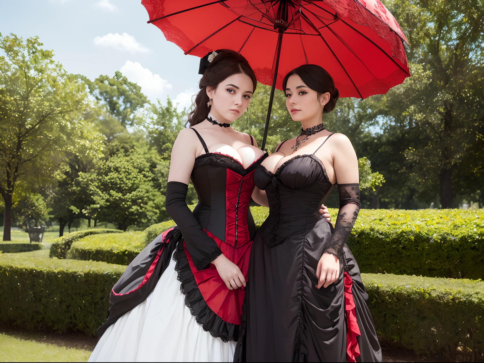 A proper young woman in Victorian times with enormous breast and sexy curves wearing a red and black Victorian era dress carrying a red and black parasol to match the dress in the park catching the eyes of evrey man around her.  {Model: MeinaUnreal, LORA: None}