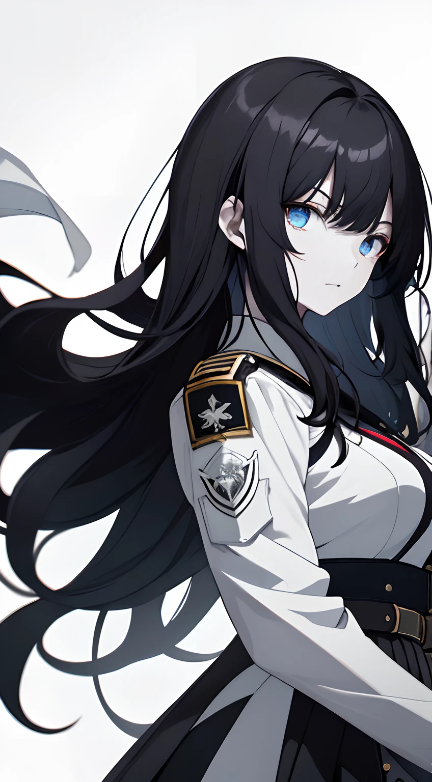 Full body、White one-piece military uniform、 Jet black head of hair,(masutepiece:1.2, Best Quality), (finely detailed beautiful eye: 1.2), (Detailed background,Dark Fantasy), (beautifull detailed face), High contrast, (Best Illumination, extremely delicate and beautiful), ((Cinematic Light)), Dramatic light, Intricate details,Very blue eyes, long hair flowing with the wind、very Bigger breasts、Belt under the chest、White military uniform, White skirt, Long hair fluttering in the wind, swords, jet-black hair, Blue eyes, Black tie, Serious look, (Pale white background:1.5), gotik, guns, Glock 17,(pistols), have a handgun, blue eyess, trigger discipline,