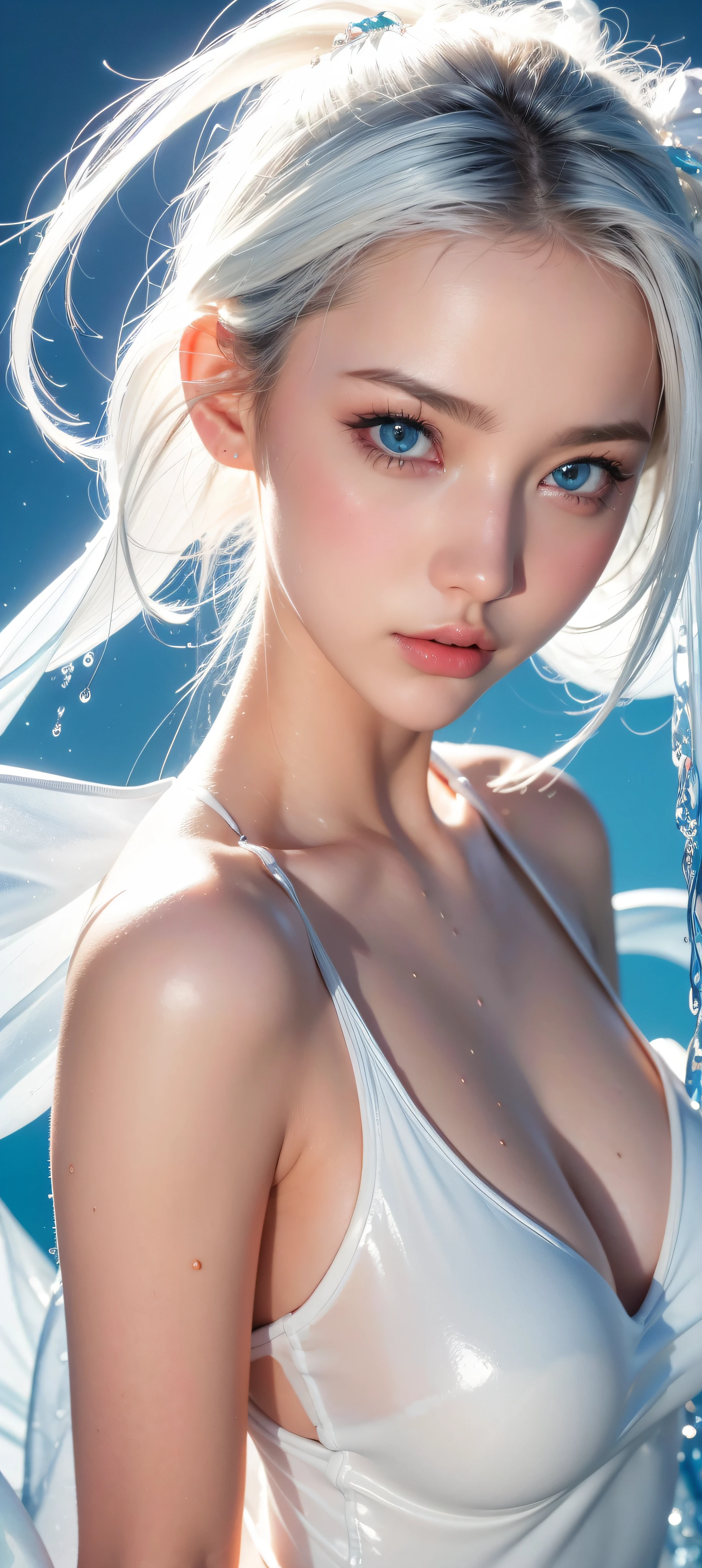 (masterpiece, best quality:1.2), 8k, 85mm, raw photo, absurdres, white and cyan theme, (liquid clothes, liquid dress:1.4), white hair, gradient dress, delicate girl, upper body, close up face, shiny skin, teen, looking at viewer, HDR, sharp focus, particle, twilight sky, shiny skin, detailed eyes and face, colorful background, simple background