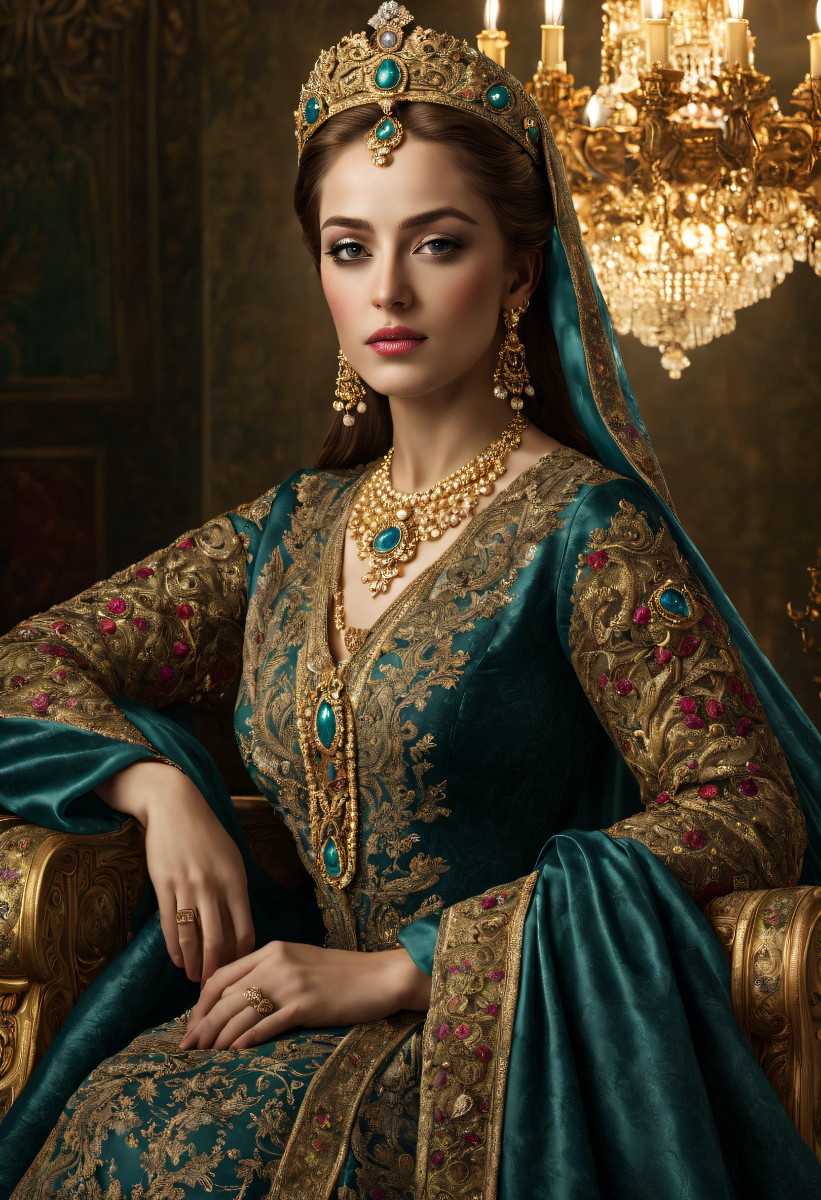 (best quality,4k,8k,highres,masterpiece:1.2),ultra-detailed,(realistic,photorealistic,photo-realistic:1.37),portrait:A stunning portrait of Roxelana, the powerful and influential wife of the Ottoman Sultan Suleiman the Magnificent. Roxelana's expressive, mesmerizing eyes captivate the viewers, with intricate details that bring them to life. Her graceful posture exudes confidence and strength. She is adorned with elaborate jewelry - a crown embellished with precious gemstones, and delicate earrings that sparkle in the light. Her lips are delicately painted, adding a touch of allure. The soft glow of natural light caresses her flawless complexion, beautifully highlighting every contour and feature of her face. The background is a rich tapestry, with vibrant hues and intricate patterns that symbolize her royal status. The painting embodies the timeless beauty and power of this historical figure, capturing her essence with utmost precision and artistry. [oil painting], [real gold leaf], [gemstone embellishments], [intricate lace details], [rich velvet fabrics], [exquisite silk brocade], [elegant floral motifs], [regal Byzantine throne], [ornate palace setting], [lush garden backdrop], [golden chandelier], [ethereal atmosphere], [subtle shadows], [masterful brushstrokes], [vivid colors], [baroque style], [dramatic lighting], [mysterious ambiance].