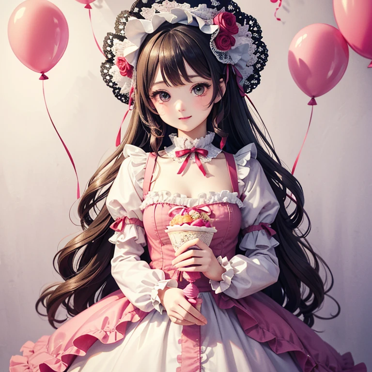 there is a woman in a dress and hat holding balloons, lolita fashion, lolita style, frilly outfit, dressed in a frilly ((ragged)), dressed in a frilly ((lace)), lolish, ecopunk rococo, [ floating ]!!, happy!!!, frills, tumblr, fairycore, dollpunk, angelic pretty，wallpaper 8k CG, hyper quality, extremely detailed,