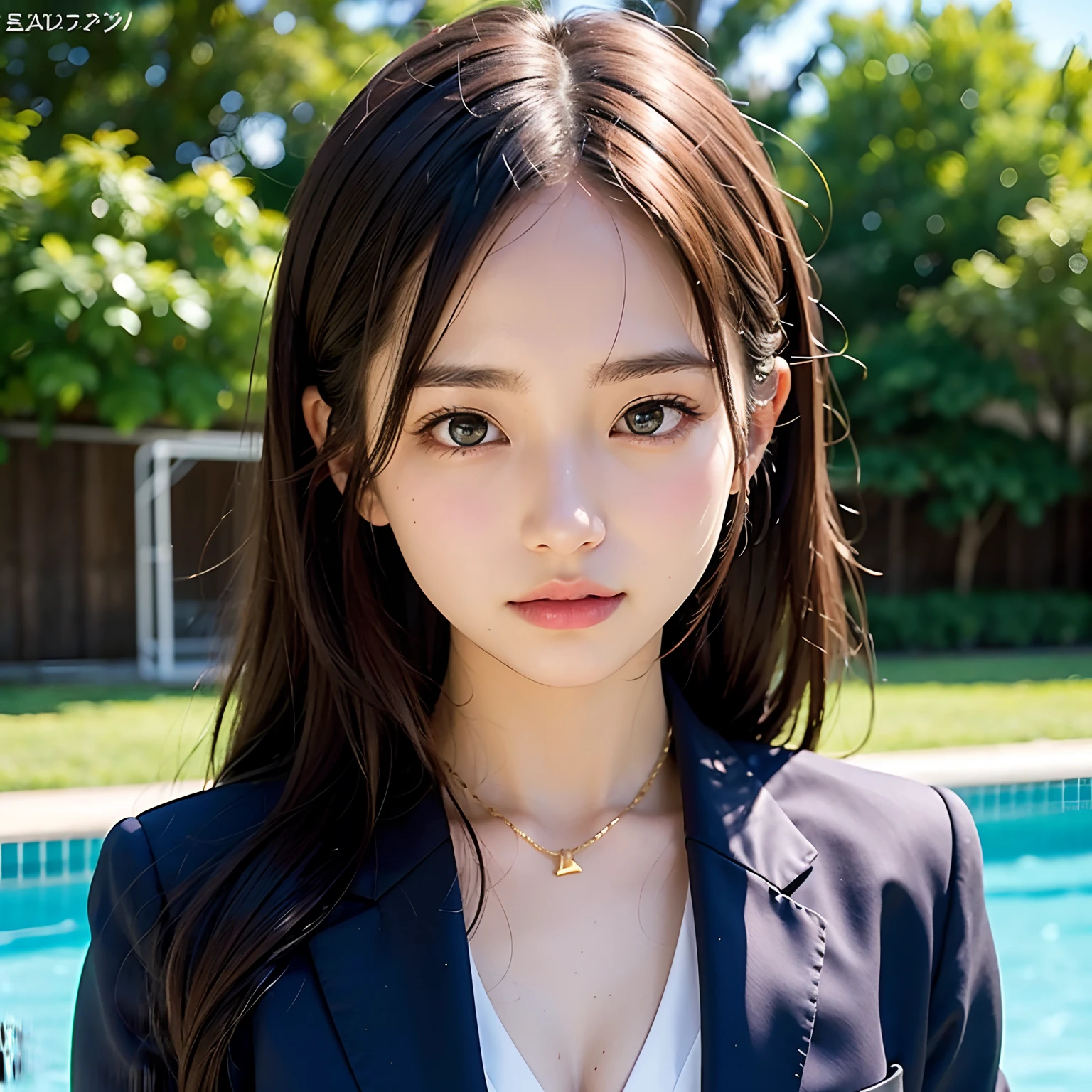 (masutepiece, Best Quality:1.2), 8K, Official art, Full body photo, full body Esbian、Fasten your tie、in poolside、turned around、Suits、Embarrassing black hair、14years、small tits、Happy、unbelievable Ridiculous, (Upper body, Dark blue suit:1.4), Beautiful Girl, Pretty Face, arching back down, cute panty、Gold hair ornament on hair、Wearing a cute suit、close up, Wearing a suit, Short sleeve, gardenia, violaceaess, Teen, in poolside, Looking at Viewer, Film grain, chromatic abberation, Sharp Focus, face lights, Dynamic lighting, Cinematic lighting, Eyes and faces with detailed, Bokeh background, (Tie with Emma written on it、1 copy:1.2)