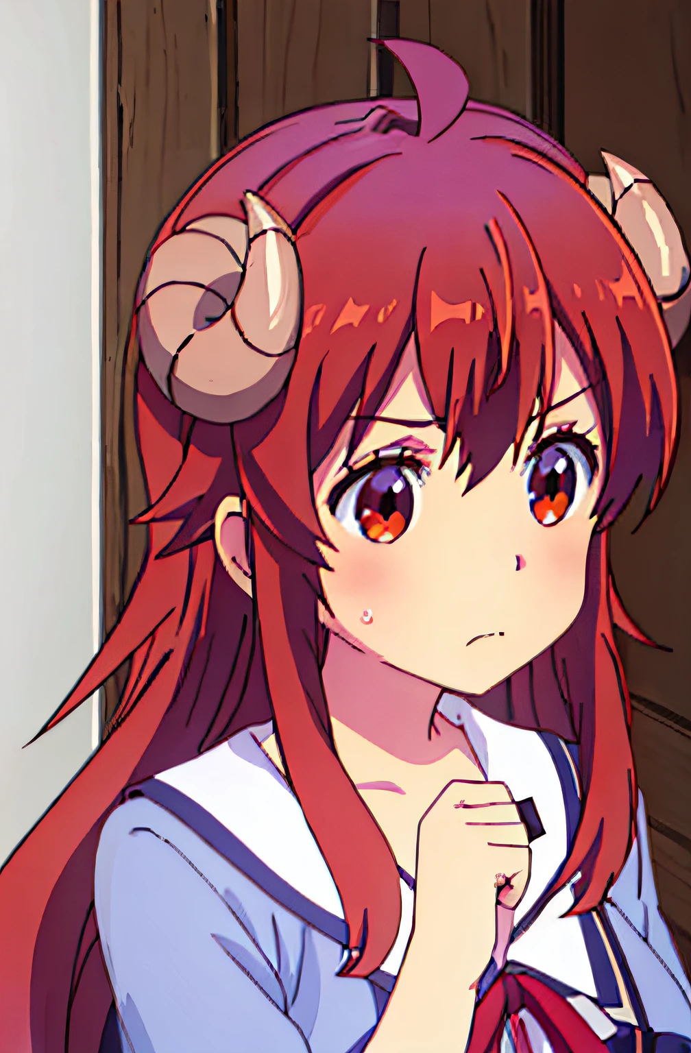 best quality, masterpiece, highres, solo, {yoshida_yuko_thedemongirlnextdoor:1.15}, long_hair, brown_hair, demon_girl, demon_horns, horns, curled_horns, blush, ahoge, brown_eyes, closed_mouth, bangs, hair_between_eyes