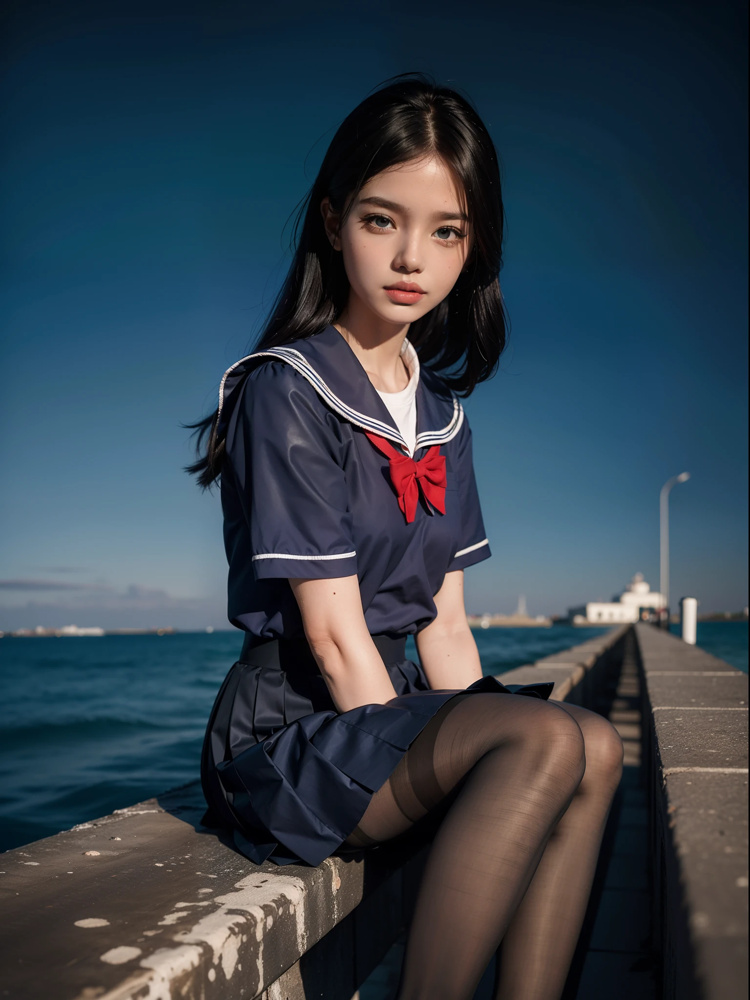 (full bodyesbian:1.5),(1girll:1.3),(view the viewer:1.4),(anatomy correct:1.3),(Sitting by the sea:1.2),(Red and blue sailor suits,Ribbon pleated skirt:1.2),(Sepia pantyhose:1.3),( JK school uniform girls bow small leather shoes:1.1),(Accurate and perfect face:1.3),hyper HD, Ray traching, reflective light, structurally correct, Award-Awarded, High detail, Fade-in and fade-out shadow contrast, Face lighting ,Cinematic lighting, Masterpiece, super detailing, High quality, High detail, Best quality, 16k,High contrast,