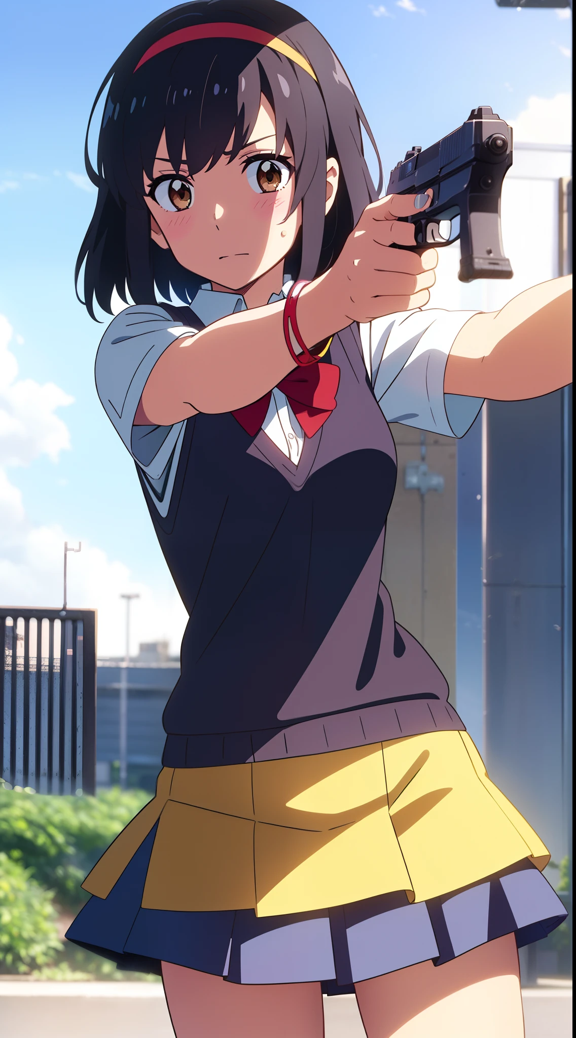 shinkai makoto, kimi no na wa., 1girl, bangs, black hair, blush, brown eyes, collared shirt, headband, looking at the viewer, Clavicle, red bow, red headband, red ribbon, school uniform, shirt, short hair, medium breasts, solo, sweater vest, vest, white shirt, yellow sweater vest, yellow vest, skirt, blue skirt, short sleeves, day, blue sky, cloudy_sky, sunlight, Outdoors, shiny skin, Fighting Stance, Despair Face, bracelet, ((aiming at the viewer with a gun)), handgun, ((holding a handgun)), trigger discipline, cowboy shot, perfect hands