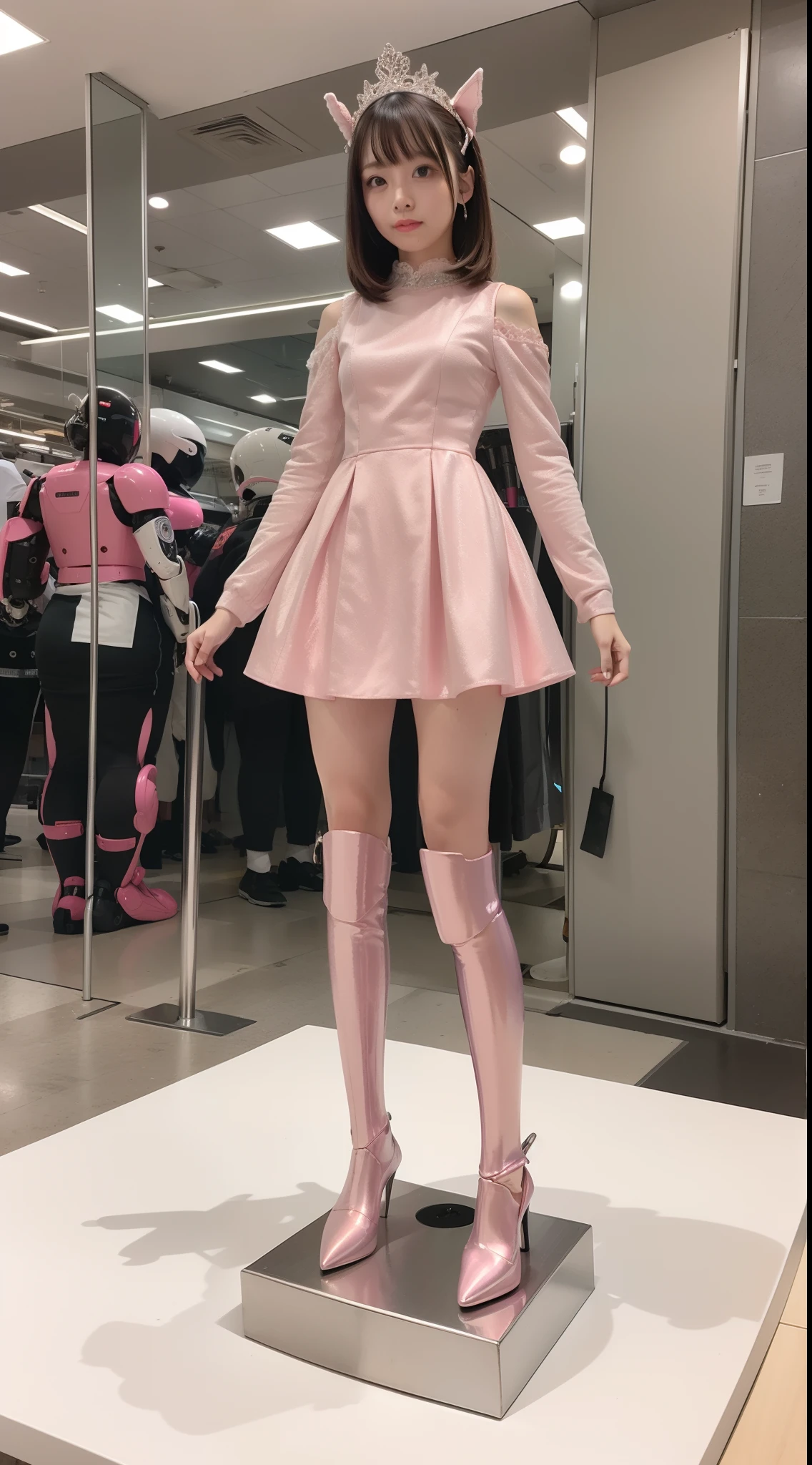 Robot Girl, pink there, Silver, Metallic body, Robot Parts, Metal Parts, Super Detailed Face, Super well-formed face, of the highest quality, a small face, a small head, Brown hair, Slender body, Camera gaze, Internal Mechanical Exposure, Idol, front facing, Well-proportioned body, sale, Exhibited, Event Hall, Moe Pose, Pink Metallic lace queen Dress Machine Armor, Standing with legs open, Model body type, sad, Embarrassing,(Perfect Robot Girl),(Perfect machine body)