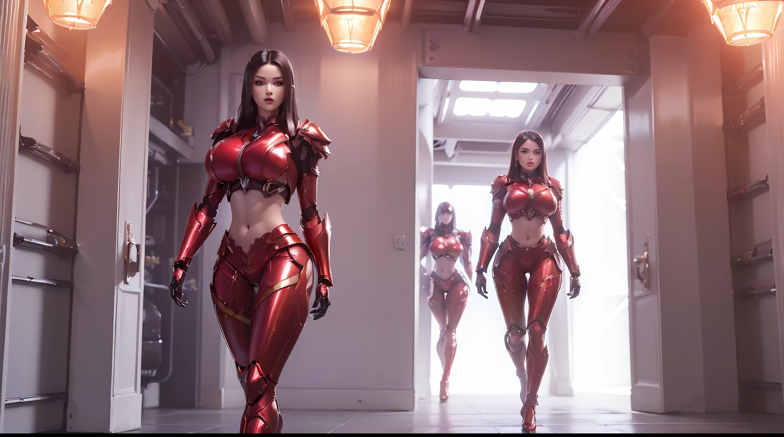 (1girll,Solo:2), (Super detailed face), ((Big buttocks, huge fake breasts:1.5)), (top:1.5), (11-line abs mothermus:1.4), (Mecha armguards:1.4), ((Wear a crop top with a red shiny armor suit, Black mecha skinny suit pants, Mecha guards armored legs, High heels:1.5)), (of sexy bodies:1.3), (Glowing skin:0.8), (Long legs, full bodyesbian:1.1), (Portrait,view the viewer:1.3), (female focus:0.886), (walking down hallway of futuristic space station:1), (Bright White Room:1.3), Super texture, unreal engine rendered, Physically-based rendering, hyper HD, 16k, 1080p.