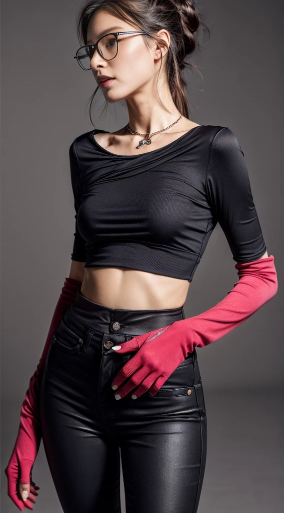 (8K, Masterpiece, RAW photo, Best quality, detail:1.3), (ultra realistic:1.4, scenary, 8K), Depth of field, Cinematic light, (ultra realistic face), 1girl, (Beautiful and elegant girl), (tight vivid red pants:1.4 BREAK), (skinny girl with glasses), (russian face:1.3), (natural abs), (full body:1.3), (tight black minitop:1.3), (small necklace, collarbone:1.1), (ultra detailed skin:1.4), (tight gloves), (tight gap:1.4), (soft fabric skinny pants:1.4)