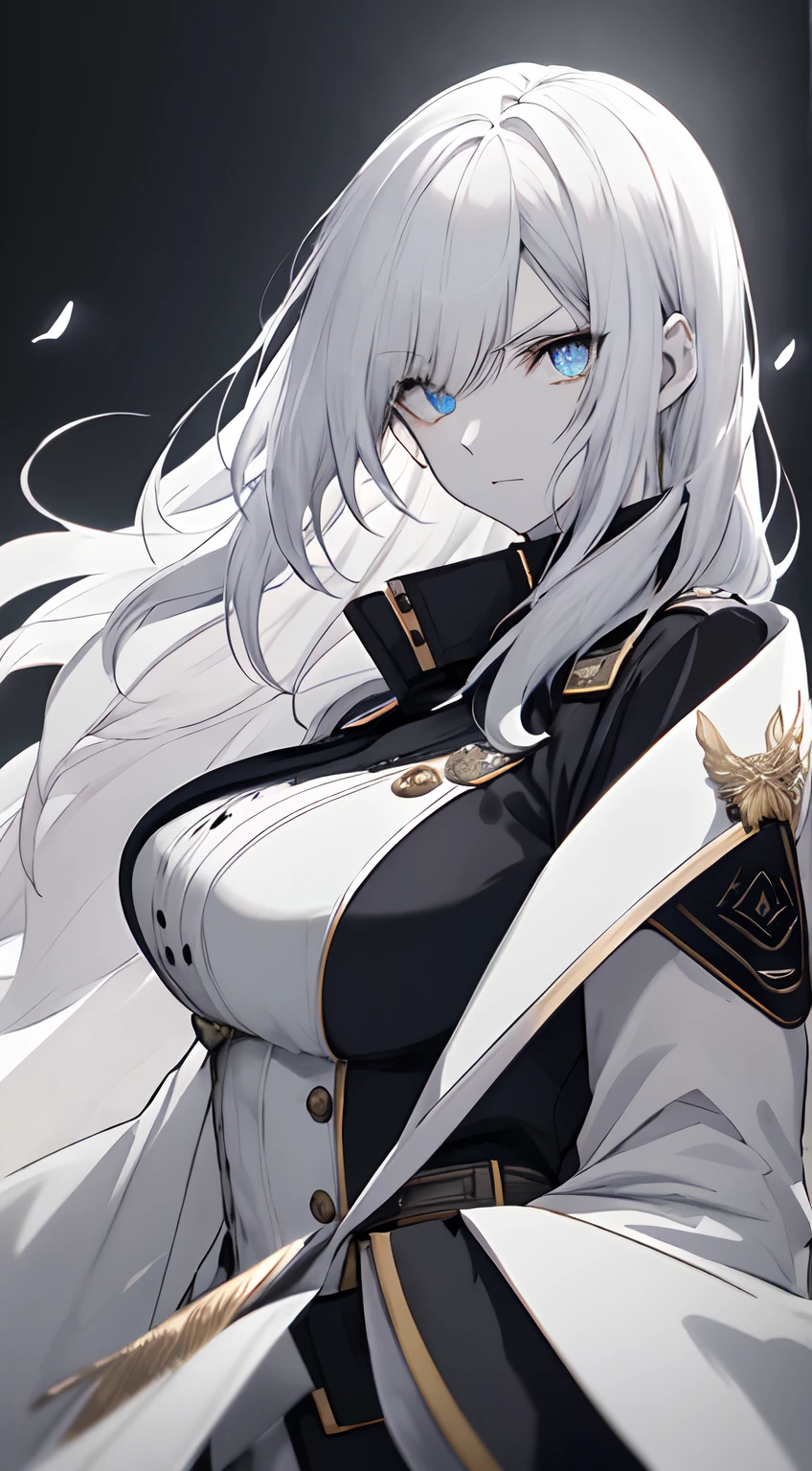 Full body、White one-piece military uniform、 Jet black head of hair,(masutepiece:1.2, Best Quality), (finely detailed beautiful eye: 1.2), (Detailed background,Dark Fantasy), (beautifull detailed face), High contrast, (Best Illumination, extremely delicate and beautiful), ((Cinematic Light)), Dramatic light, Intricate details,Very blue eyes, long hair flowing with the wind、very Bigger breasts、Belt under the chest、White military uniform, White skirt, Long hair fluttering in the wind, swords, jet-black hair, Blue eyes, Black tie, Serious look,  (Pale white background:1.5), gotik, guns, Glock 17,(pistols),  have a handgun, blue eyess, trigger discipline,
