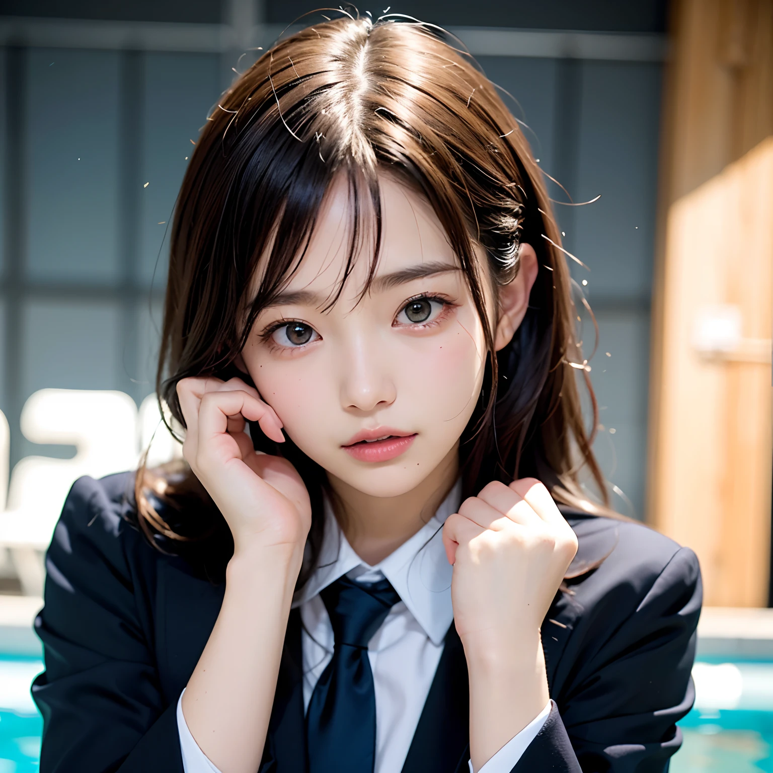 (masutepiece, Best Quality:1.2), 8K, Official art, Full body photo, full body Esbian、Fasten your tie、in poolside、turned around、Suits、Embarrassing black hair、14years、small tits、Happy、unbelievable Ridiculous, (Upper body, Dark blue suit:1.4), Beautiful Girl, Pretty Face, arching back down, cute panty、Gold hair ornament on hair、Wearing a cute suit、close up, Wearing a suit, Short sleeve, gardenia, violaceaess, Teen, in poolside, Looking at Viewer, Film grain, chromatic abberation, Sharp Focus, face lights, Dynamic lighting, Cinematic lighting, Eyes and faces with detailed, Bokeh background, (Tie with Emma written on it、1 copy:1.2)