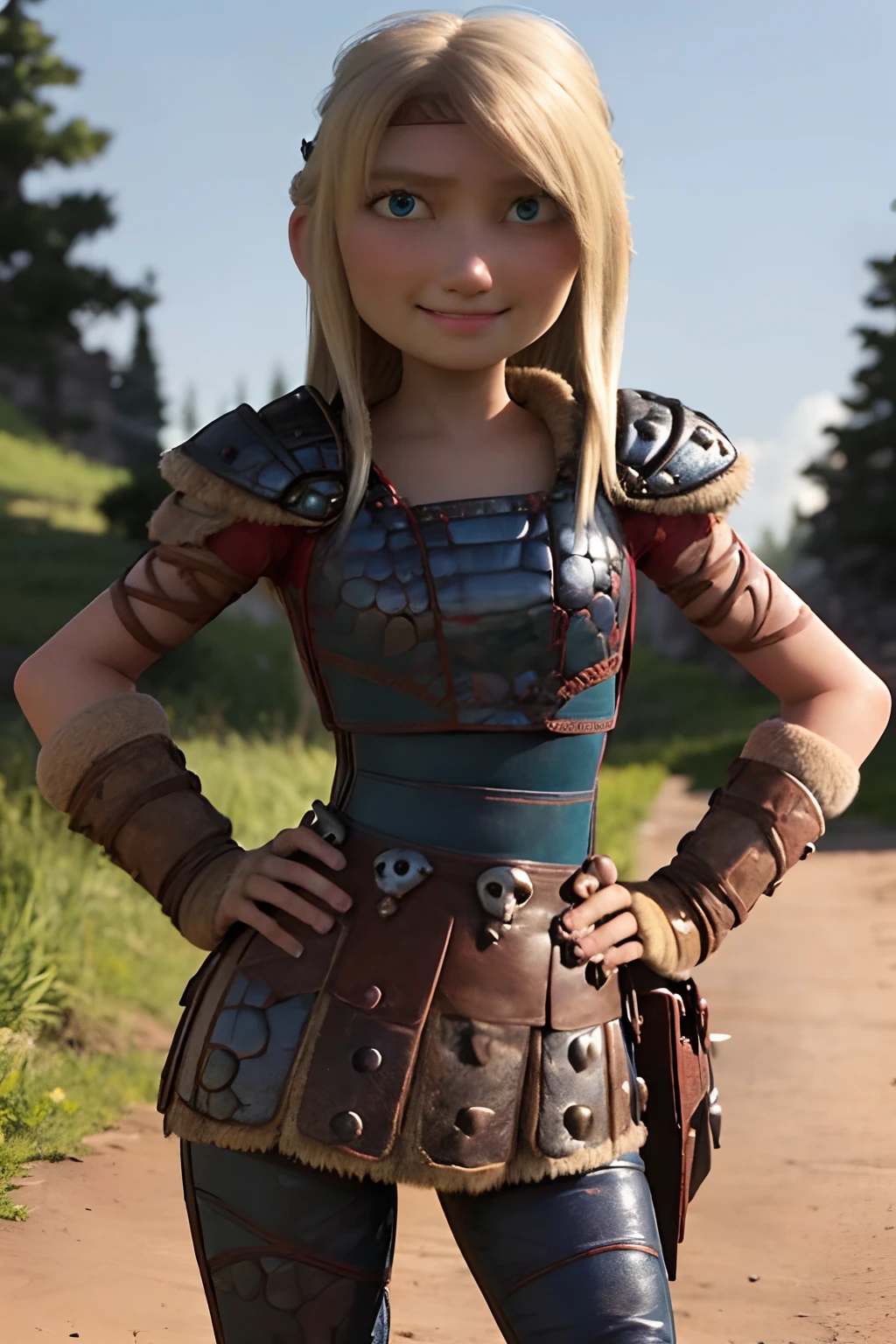 (masterpiece, best quality:1.2), cowboy shot, solo, 1girl, astrid hofferson, smile, closed mouth, looking at viewer, hand on hip, headband, armor, shoulder armor, pants