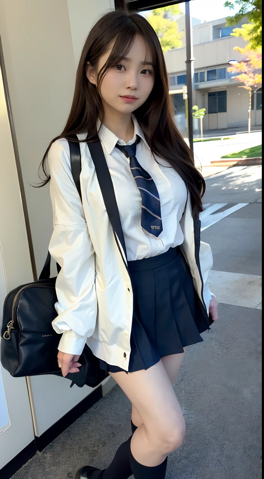 (16 K, Raw photography, Top image quality, ​masterpiece: 1.45), (realisitic, Photorealsitic: 1.37), one girls, cute little, A city scape,, profetional lighting, photon maping, school classrooms, physically-based renderingt, dark brown  hair,pony tail hairstyle, Well-groomed and beautiful eyes、((二重まぶた))、Transcendent Cute Girl, (((student clothes、blazers、Long sleeve shirt worn by Japan high school girl、Ribbon Ties、Dark blue mini skirt,、Dark blue socks、Black loafers))), Top Quality Photos, hight resolution, 1080p, (clearface), (Detailed face description), (Detailed hand description), (​masterpiece), (Exquisite CG)、extreme light and shadows、dishevled hair、master work、abundant detail、(Fine facial features)、(top quality photo)、(masuter piece)、(A detailed eye)、Look in front of you、Fine clavicle、((Slender big))、(((Japan schoolgirls wear jackets and long-sleeved shirts)))、((Neat and clean idol))、((School Gate、school ground、School building in the background))、(Shooting from random perspectives)、(((Anyway cute)))、耳Nipple Ring、A big smile、Drawing the whole body from the knees、Do not draw nasolabial folds、(((Sports bags used by Japan schoolgirls)))、(Big breasts that hang down big:1.2)、Big buttocks with tension、Two arms and two legs、(((from the front side:0.7)))、bare hand、(((Left and right symmetrical eyes)))、Standing Pose、There are chairs、Put your hands on your desk、Do not take the tie out of the jacket、Raise your buttocks:1.5，barebacked:1.5，