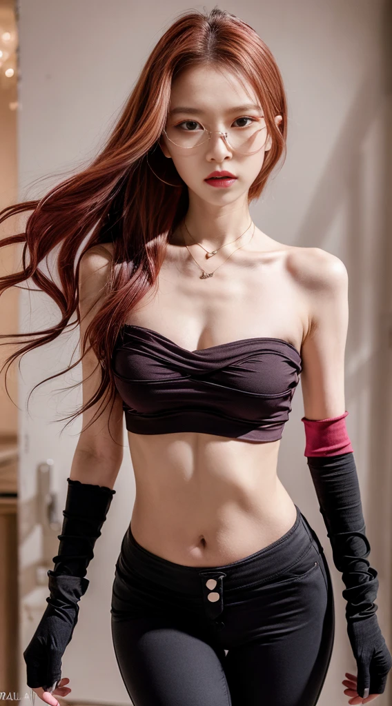(8K, Masterpiece, RAW photo, Best quality, detail:1.3), (ultra realistic:1.4, scenary, 8K), Depth of field, Cinematic light, (ultra realistic face), 1girl, (Beautiful and elegant girl), (tight vivid red pants:1.4 BREAK), (skinny girl with glasses), (russian face:1.3), (natural abs), (full body:1.3), (tight black minitop:1.3), (small necklace, collarbone:1.1), (ultra detailed skin:1.4), (tight gloves), (tight gap:1.4), (soft fabric skinny pants:1.4), (red hair)
