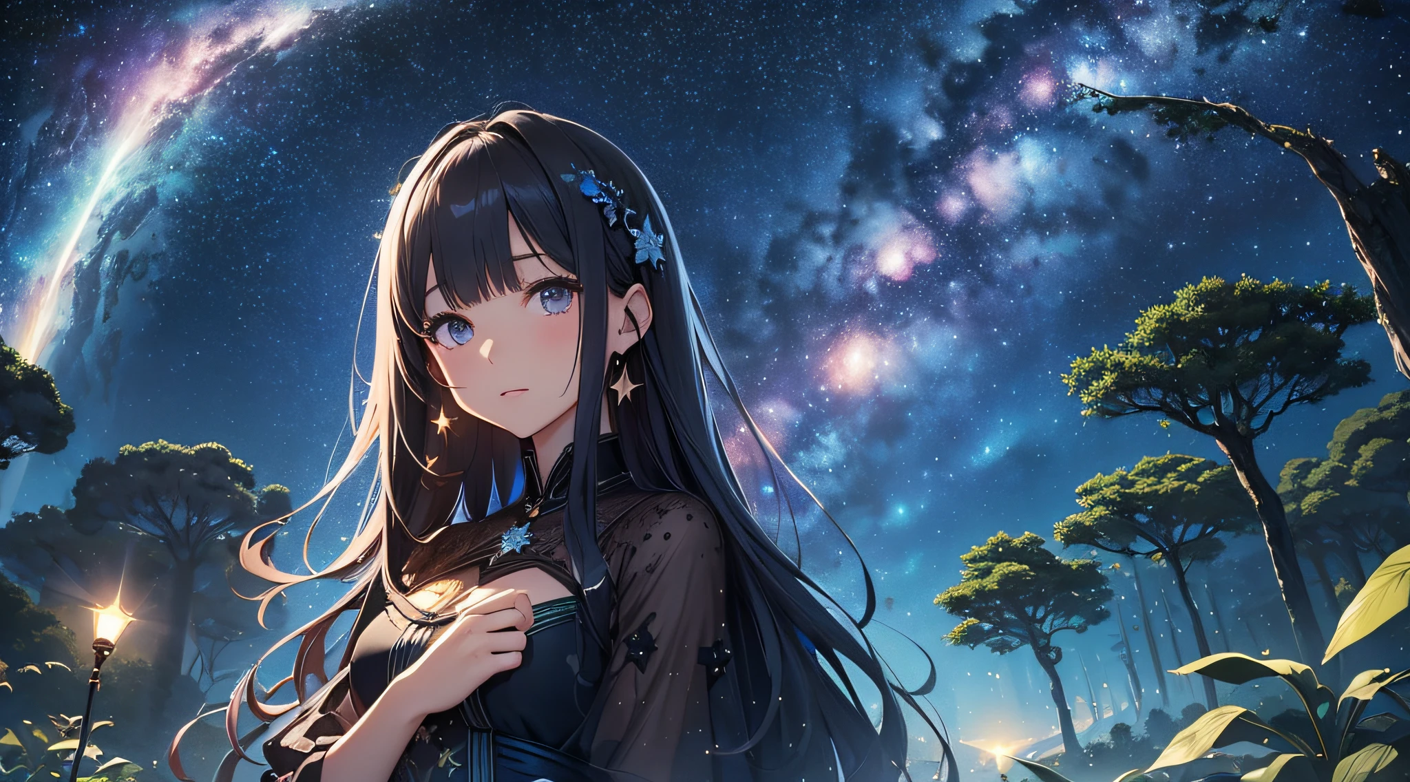 masterpiece、((a beauty girl、One-piece high-detail embroidery、faces))、Background with((Fantastic starry sky、meteors、black hole))、Depth((Mysterious giant tree、Luminescent、plants))、