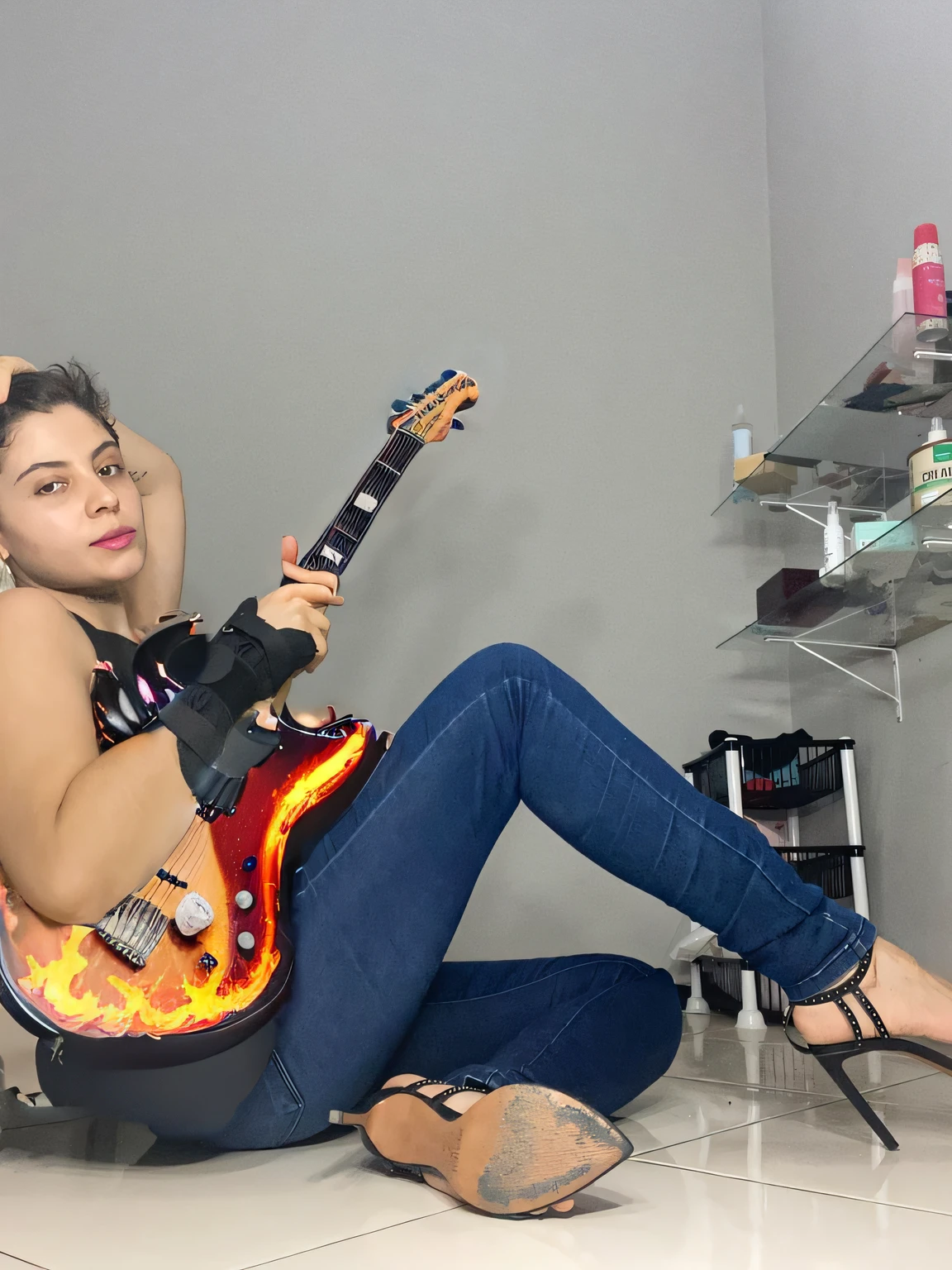 Glossy black electric guitar with flaming fire, ultra realistic, ultra detalhista, 8k, disco Rigido