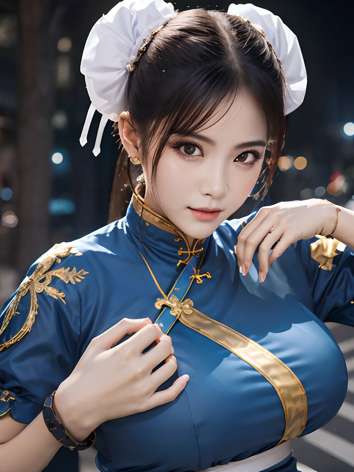 top-quality, 8K, ultra-detailliert, Photorealsitic, Beautiful face, 1girl in、独奏、ChunLi、The upper part of the body、Beautiful night street background, Crisp face