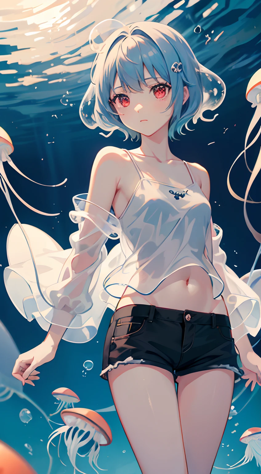 Anime, Pretty girl,flat chest,kawaii,(Jellyfish girl:1.2), red eyes, arms behind back,under the water, white camisole under black jacket, gray short hair, blue highlights in hair