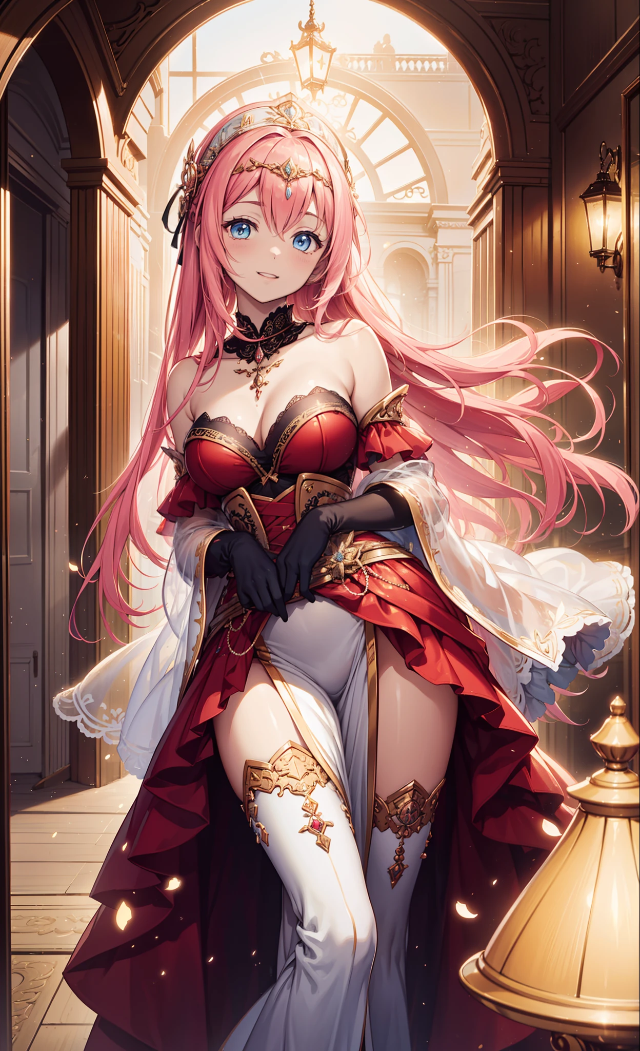(Best quality, A high resolution, Textured skin, High quality, High details,Extremely detailed CG unity),teens girl，Enchanted，Divine happiness，Being in love，(Light Victorian dress:1.2)，Pink hair，eBlue eyes，(Fabric headdress)，Maximalism，Multiple layers of delicate ruffles，Lots of lace，Multi-colored cloth，Delicate embroidery，Delicate pattern，Fabric headdress，exquisite costumes，see-through transparent clothes，Bedrooms，the night，(Dazzle:1.2)，Movie lighting，solo person，Fluttering skirt，