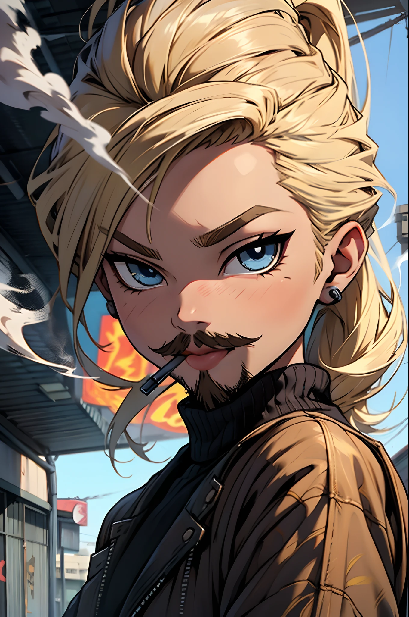 1 Bratz Boy, 1 male Bratz, blonde, mustache, facial hair, blue eyes. smoking