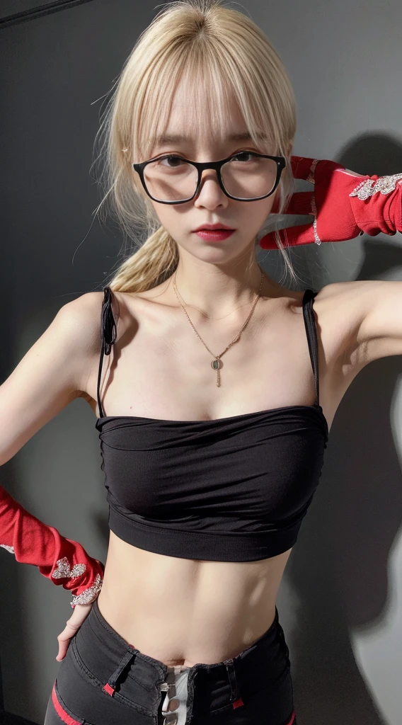 (8K, Masterpiece, RAW photo, Best quality, detail:1.3), (ultra realistic:1.4, scenary, 8K), Depth of field, Cinematic light, (ultra realistic face), 1girl, (Beautiful and elegant girl), (tight vivid red pants:1.4 BREAK), (skinny girl with glasses), (russian face:1.3), (natural abs), (full body:1.3), (tight black minitop:1.3), (small necklace, collarbone:1.1), (ultra detailed skin:1.4), (tight gloves), (tight gap:1.4), (soft fabric skinny pants:1.4), (blonde)