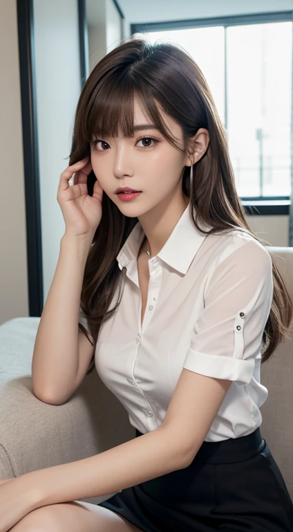 (Best Quality, 8K, masutepiece, Ultra HD: 1.3), 1girl in, mideum breasts, light brown hair, Blunt bangs, hair behind ear, hair over shoulder, Long hair, slender body shape, Ultra Fine Face, Delicate lips, Beautiful eyes, Double eyelids, lipsticks,Facial expressions inviting a man, Ultra-thin hands, Ultra-fine fingers, shirt with collar, tight skirts , beauty legs ,pumps.s Office