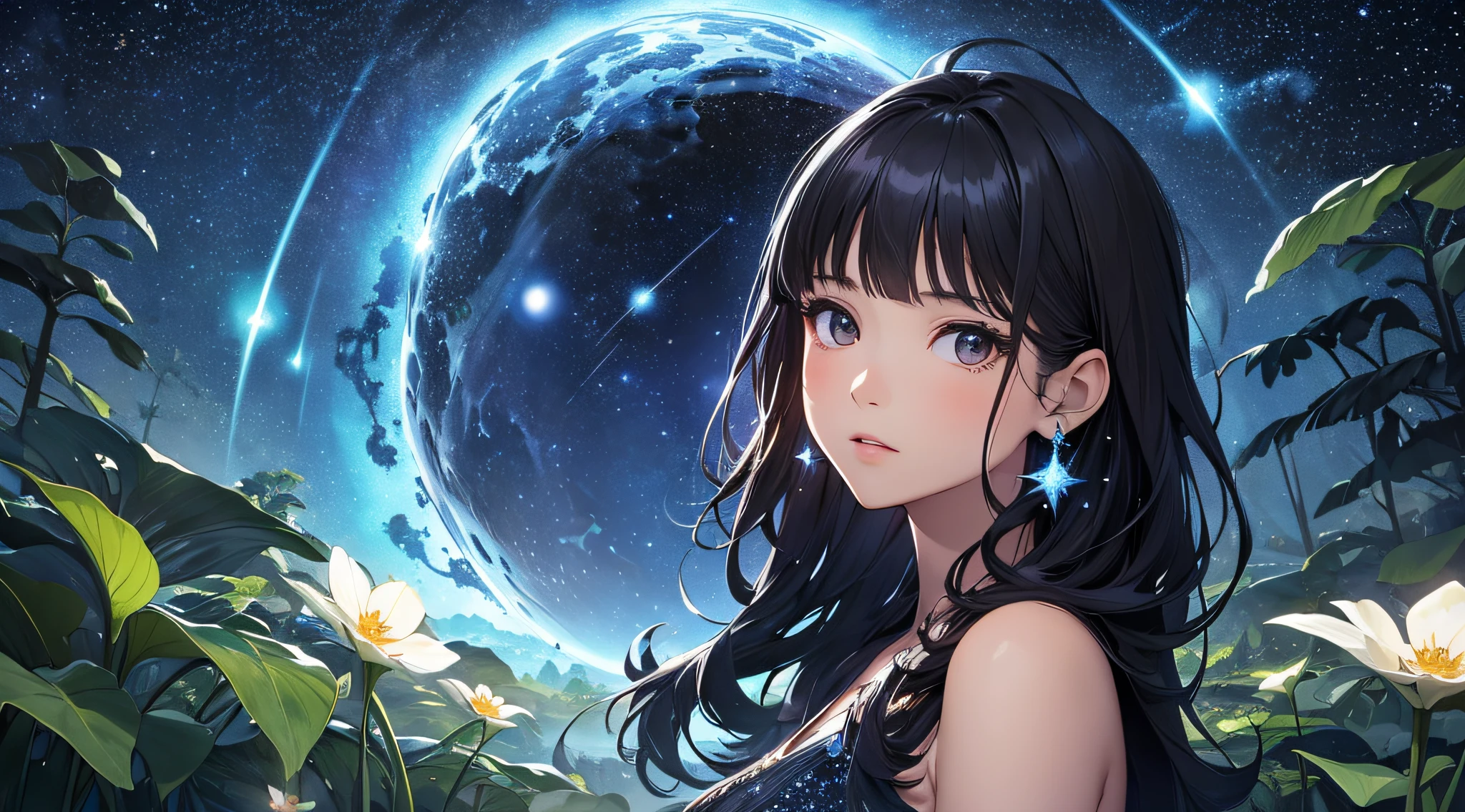 masterpiece、((a beauty girl、One-piece high-detail embroidery、Face to shoulder))、Background with((Fantastic starry sky、meteors、black hole))、Depth((Mysterious giant tree、Luminescent、plants))、