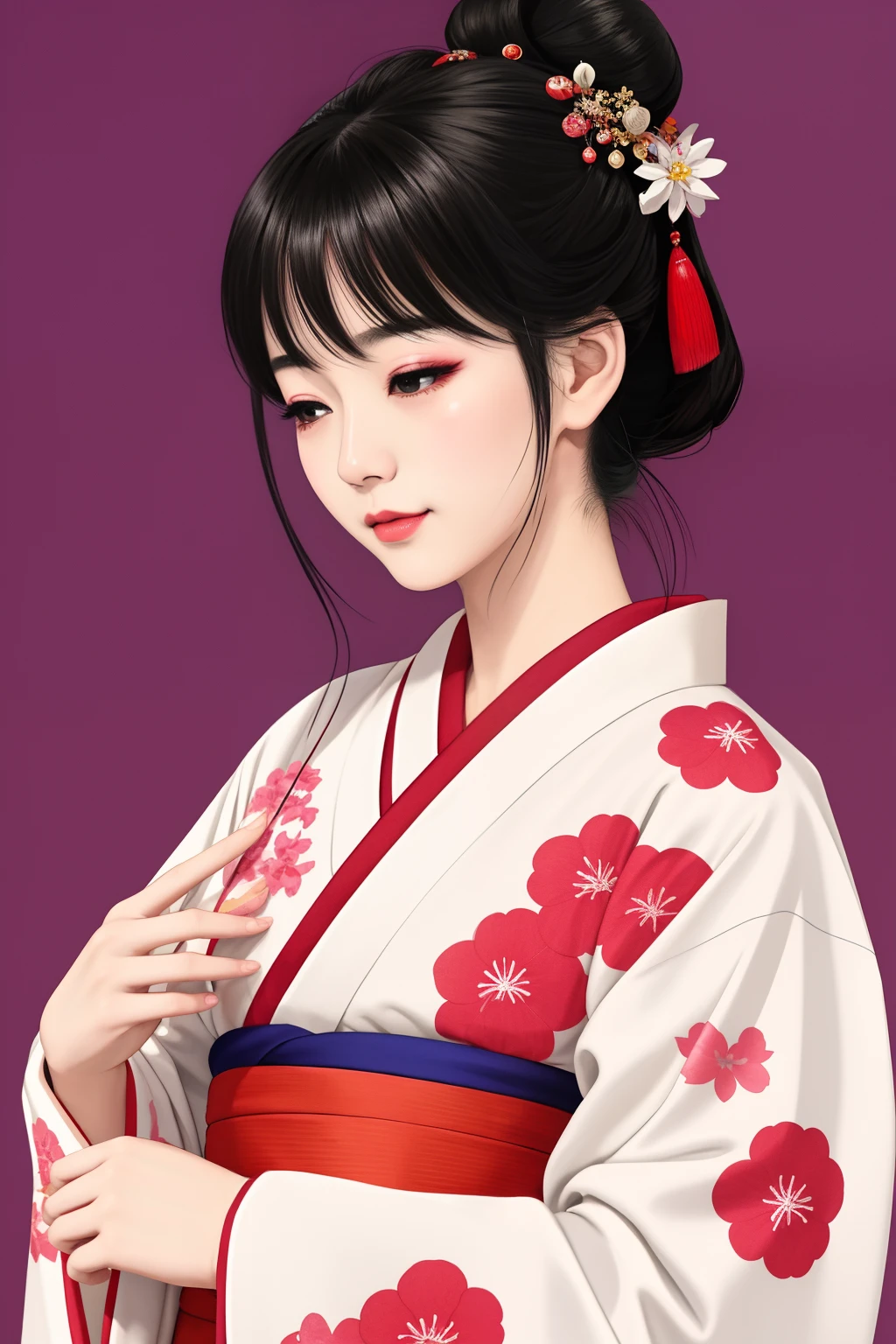 ((Big、a small face、No exposure))、top-quality、masterpiece、(Bun hair Black hair、Ponytail hair)、Brown eyes、⦅From the buttocks up is the whole body、Diagonally horizontal⦆、(4In K、masterpiece、hight resolution、Realistic and beautiful light and shadow、One girl、Solo Focus、(top-quality)、(Hi-Res)、(extremely delicate and beautiful)、(Beautiful 8k face)、(I close my eyes while smiling.)、(独奏)、(Clear skin)、(Soft hair)、(7headed body)、(Japanese style yukata kimono with red and pink checkered pattern isolated on white background、Beautiful girl in Japan wearing yukata)、((Hair in a bun))、((Tanabata decoration background))、((a small face))、(reality)、thin and small nose、(red lipsticks)、(Reddening cheeks)、(Lustrous skin)、((Ukiyo-e style))、Ultra-thin eyebrows、Ultra high image quality、(Wearing maiko-style makeup)、skin whitening、long and beautiful lashes、Lustrous skin that changes like a model in a Kyoto magazine、(Red-dyed cheeks),Nasal muscle