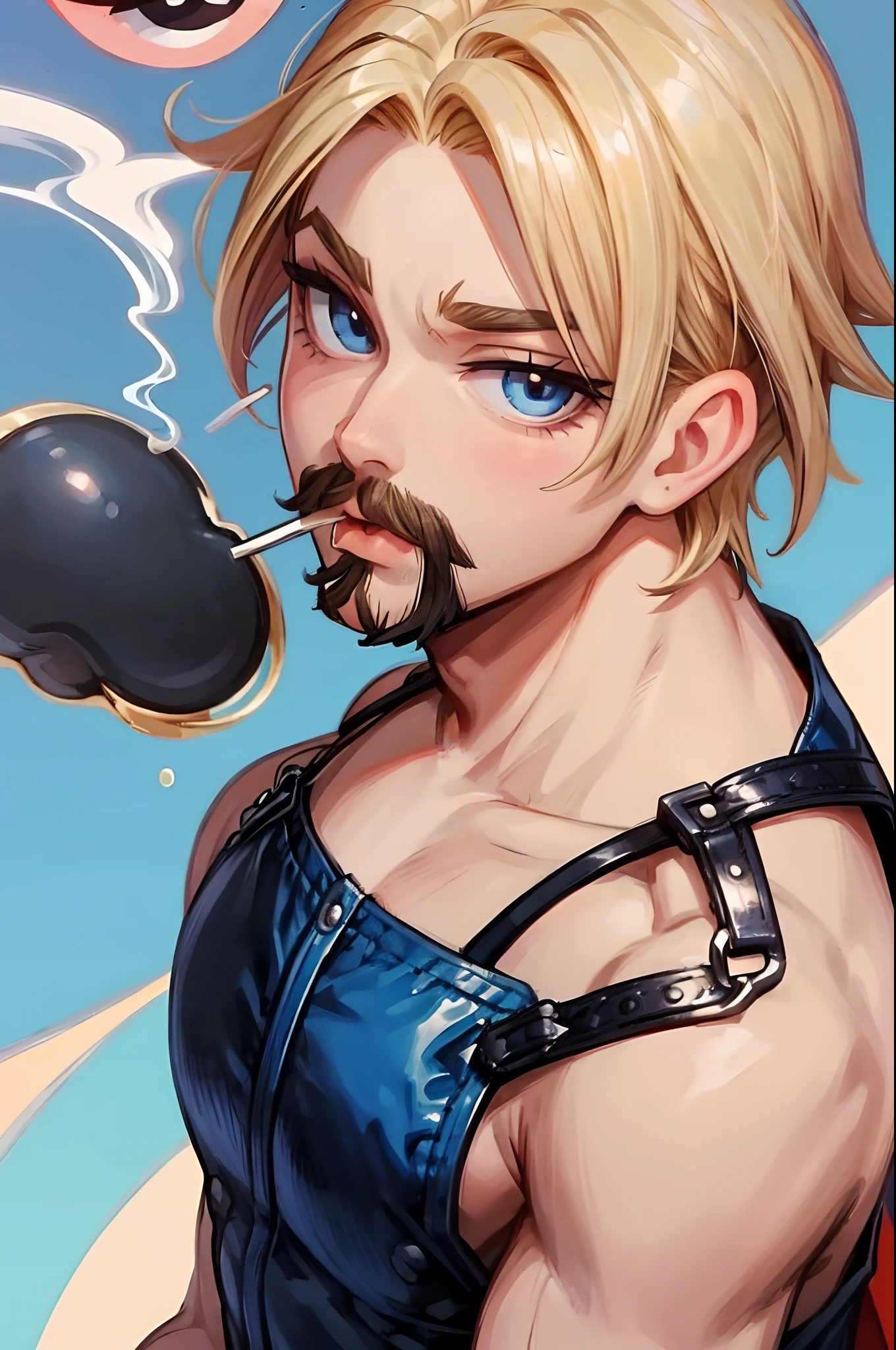 1 Bratz Boy, 1 male Bratz, blonde, mustache, facial hair, blue eyes. smoking