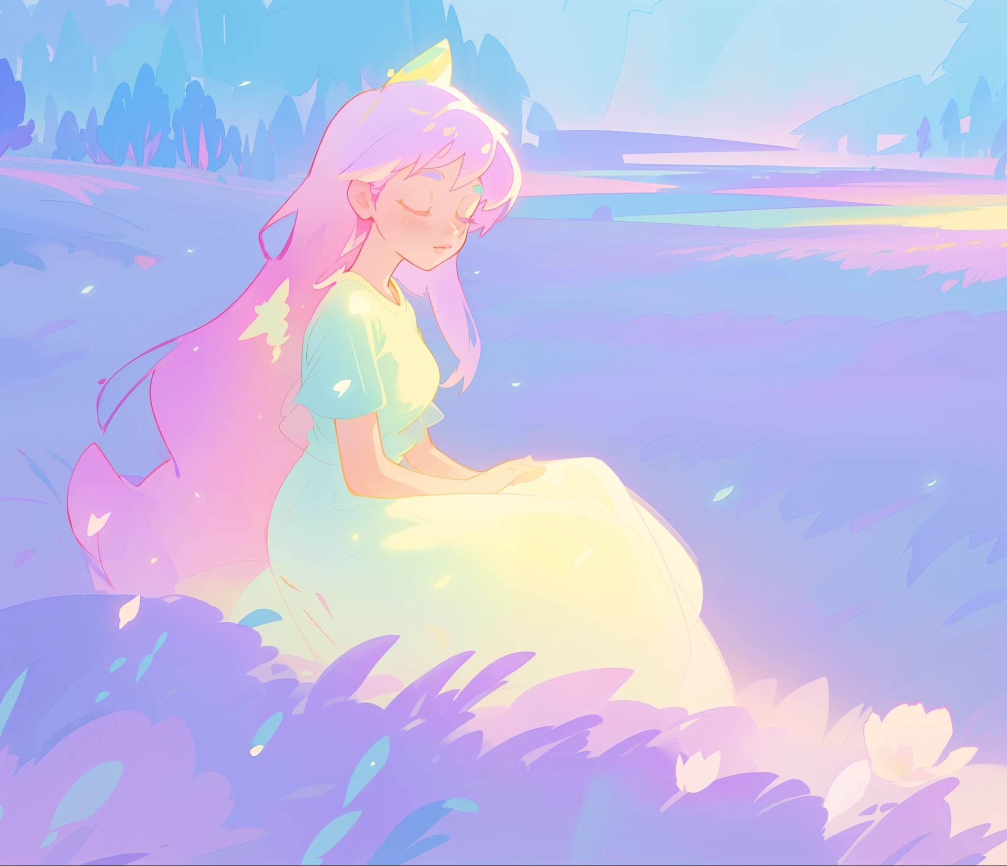 beautiful girl in flowing gradient dress sitting in a field, (beautiful girl), beautiful fantasy landscape, vibrant colors, (((otherworldly landscape))), whimsical landscape, purples pinks blues, watercolor illustration, disney art style, glowing lights, beautiful digital illustration, fantasia otherworldly landscape plants flowers, beautiful, masterpiece, best quality, anime disney style