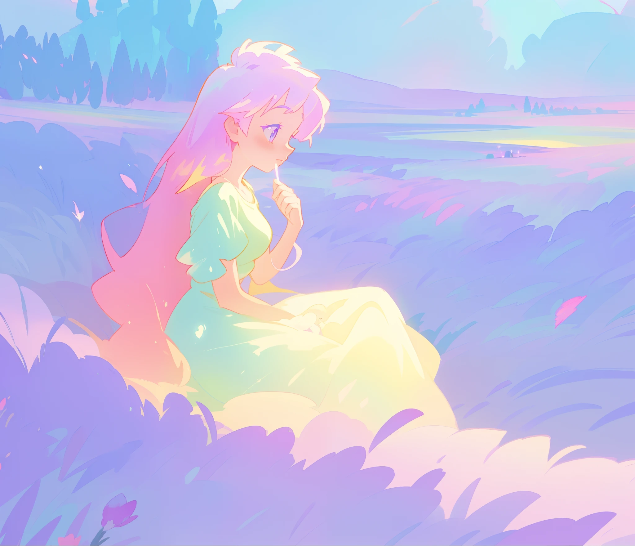 beautiful girl in flowing gradient dress sitting in a field, (beautiful girl), beautiful fantasy landscape, vibrant colors, (((otherworldly landscape))), whimsical landscape, purples pinks blues, watercolor illustration, disney art style, glowing lights, beautiful digital illustration, fantasia otherworldly landscape plants flowers, beautiful, masterpiece, best quality, anime disney style