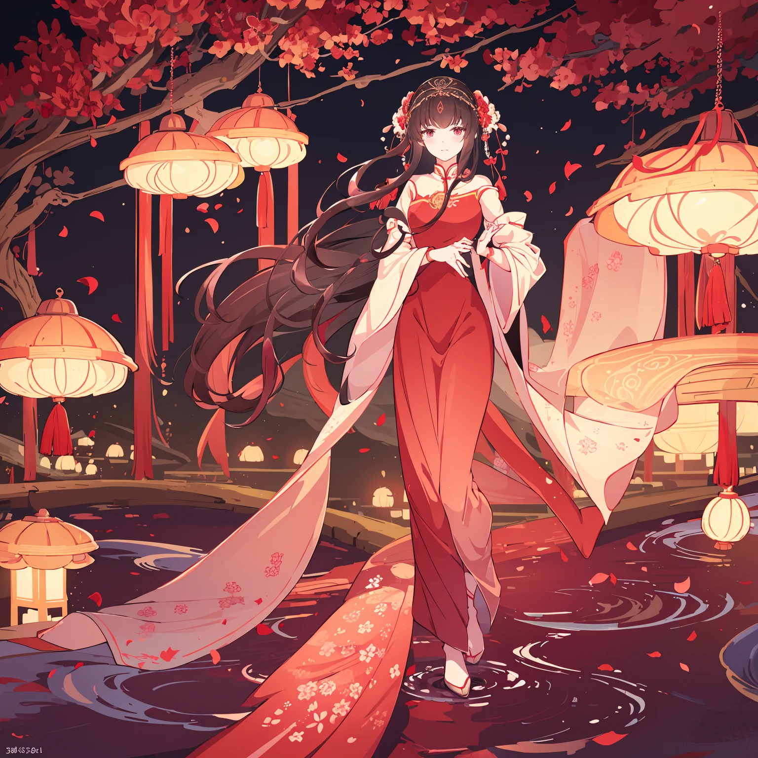 (Best quality,A high resolution,Clear image:1.2),Ultra-detailed background,Beautiful woman,standing on your feet，Red dress，Chinese style clothes,Delicate petals,Garden scene,Under the moonlight,Romantic atmosphere,Dutch Angle Shot,Soft lighting,shelmet