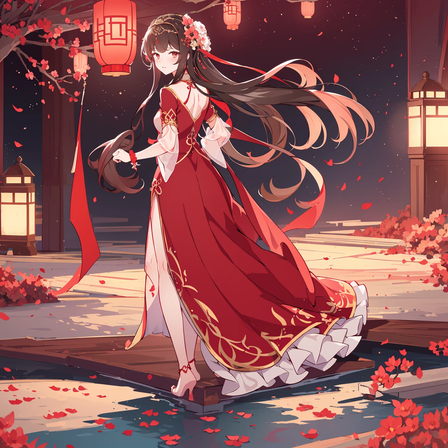 (Best quality,A high resolution,Clear image:1.2),Ultra-detailed background,Beautiful woman,standing on your feet，Red dress，Chinese style clothes,Delicate petals,Garden scene,Under the moonlight,Romantic atmosphere,Dutch Angle Shot,Soft lighting,shelmet