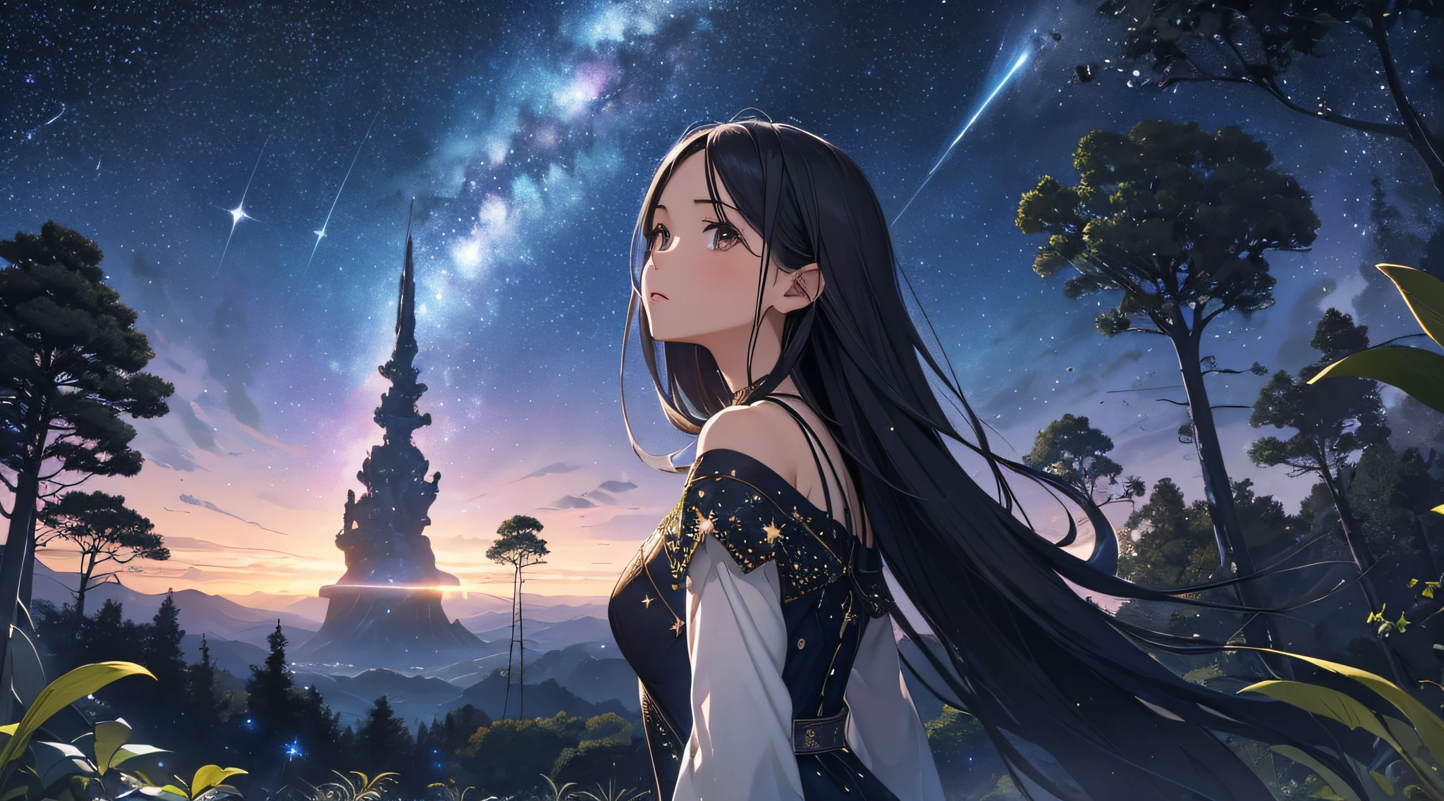 ​masterpiece、（（a beauty girl、One-piece high-detail embroidery、Face to shoulder））、Background with((Fantastic starry sky、meteors、black hole))、Depth((Mysterious giant tree、Luminescent、plants))、