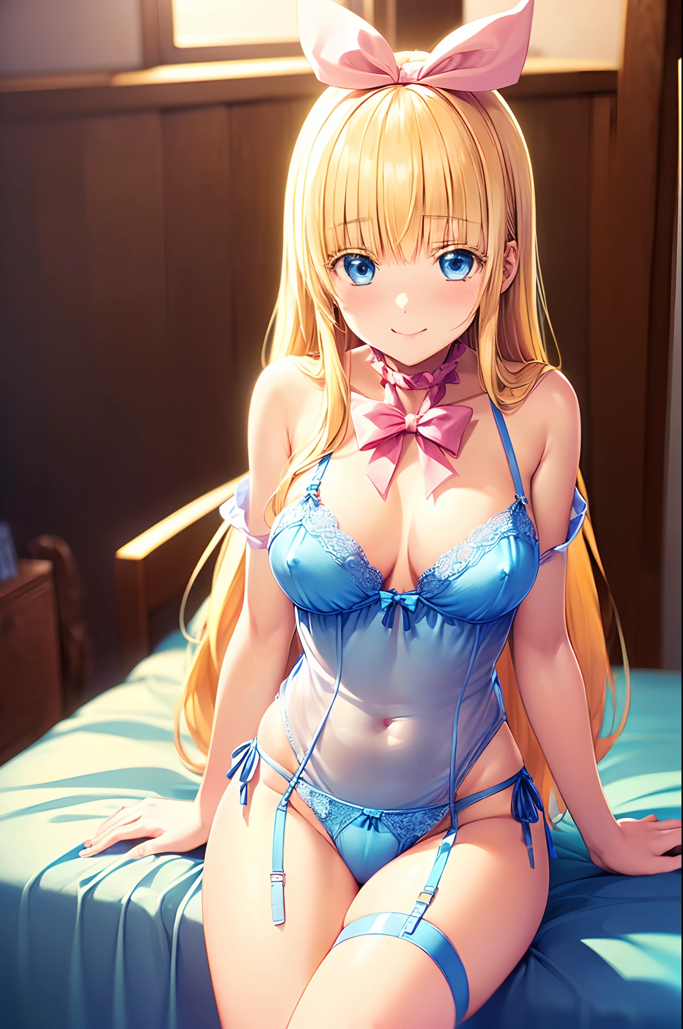 (((Cute blonde woman, long hair with pink bow, Blue eyes))), ((Clothing that exposes, transparent lingerie with strap downing on the shoulder and panties)), 8k, very detailed, heart earring, sitting in the bedroom, blushing smile, crossed legs, close view, sexy pose, Nipple Ring, erect nipples