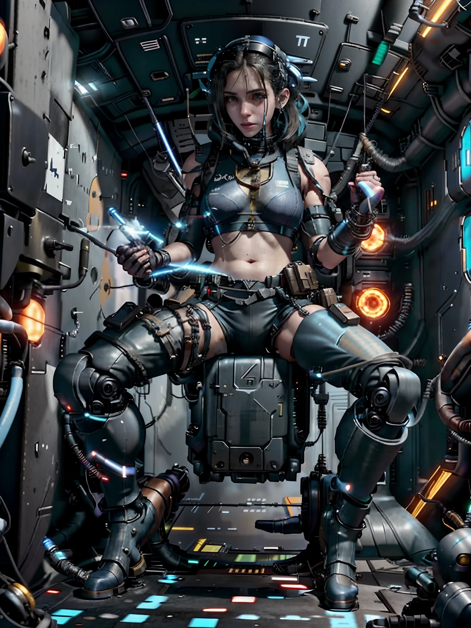 A female Cyberpunk pilot in a blue top and white shorts is sitting on a machine inside the cockpit., Sujetador deportivo y pantalones cortos azul oscuro, Sujetador deportivo y pantalones cortos, Athletic muscle tone, pecho piernas, piernas y brazos, Physical sports, Fit girl sitting in mechanical pilot's seat, brazos tonificados, Disparo en la parte superior del cuerpo, futuristic, interfaz digital, cabina combate, Cockpit of the fighter jet, caza de combate, controles joystick, Neon screens, Aircraft controls in the cockpit, Mecha Pilot girl, cyberpunk, neon genesis evangelion, Cables and pipes inside aerospace cabin