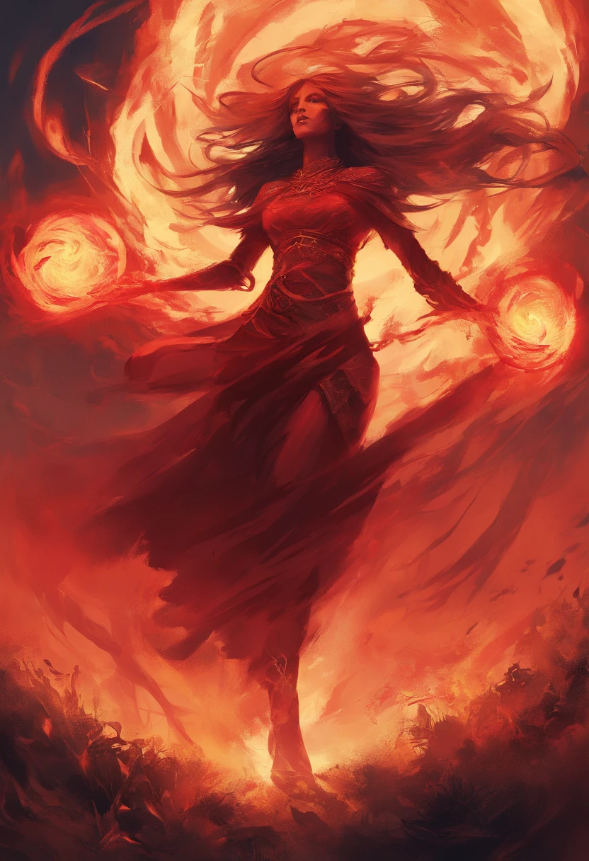 arafed image of a man in a red dress running through a field, holy fire spell art, fire elemental, walking out of flames, fire demon, holy flame spell, appears as the fire goddess, goddess of fire, lava and fire goddess, ghost of the fire spirit, flame conjuring, pyromancer, flame spell, peter mohrbacher''