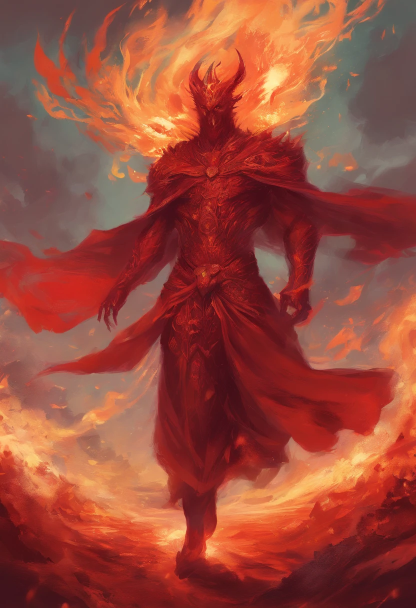 arafed image of a man in a red dress running through a field, holy fire spell art, fire elemental, walking out of flames, fire demon, holy flame spell, appears as the fire goddess, goddess of fire, lava and fire goddess, ghost of the fire spirit, flame conjuring, pyromancer, flame spell, peter mohrbacher''