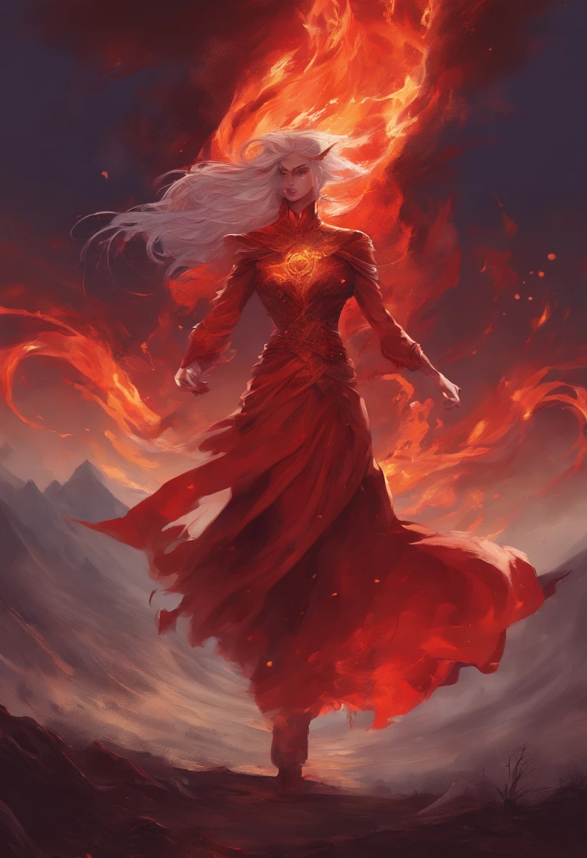 arafed image of a man in a red dress running through a field, holy fire spell art, fire elemental, walking out of flames, fire demon, holy flame spell, appears as the fire goddess, goddess of fire, lava and fire goddess, ghost of the fire spirit, flame conjuring, pyromancer, flame spell, peter mohrbacher''