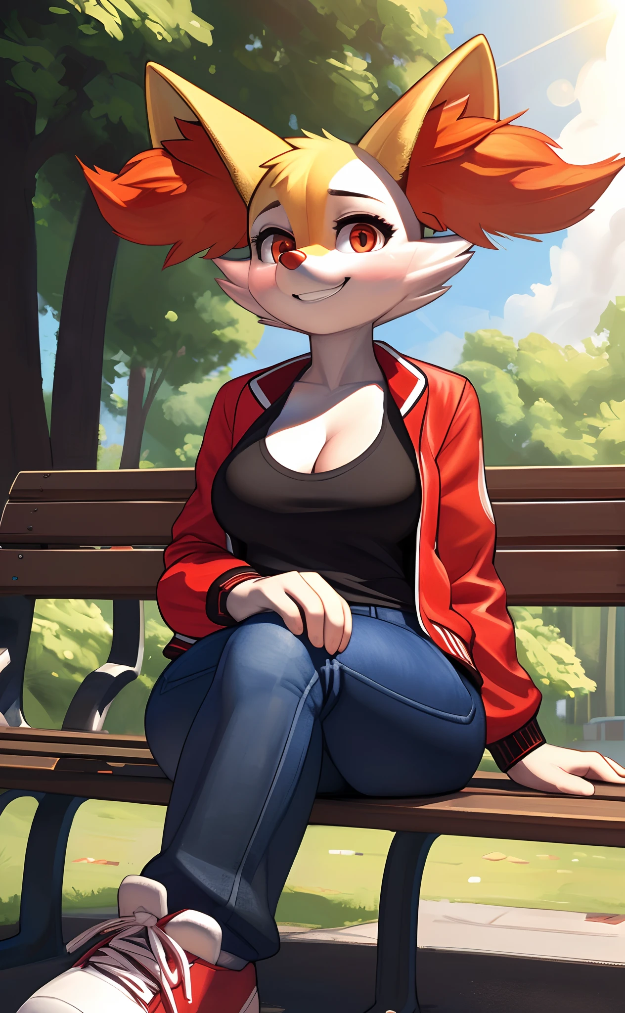 [Braixen], [pokemon], [Uploaded to e621.net; (wamudraws), (Pixelsketcher), (mayosplash)], ((masterpiece)), ((HD)), ((solo portrait)) ((front view)), ((full body)), ((furry art)), ((detailed fur)), ((detailed shading)), ((beautiful render art)), {female anthro fox; (yellow, red, and black fur), red ear fluff, bright orange eyes, (medium boobs), (gorgeous hips), (beautiful legs), (cute smile)}, {(red varsity jacket), (black tee shirt), (cleavage), tight blue jeans, red sneakers}, {(sitting on bench), (hands in lap), (legs crossed)}, [background; (blue sky), (park), (trees), (sun rays)]
