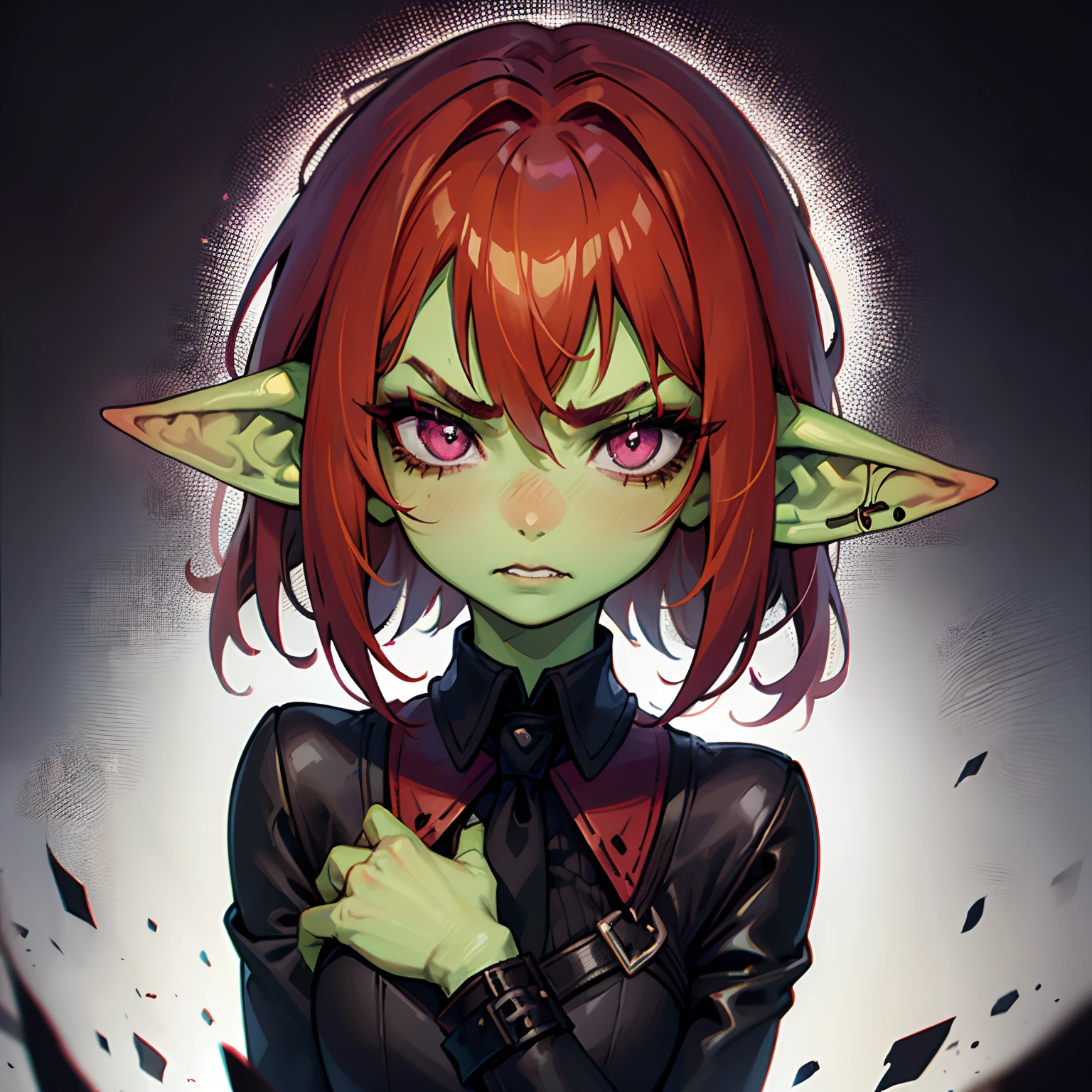 1 girl, portrait, goblin girl, green skin, red hair, short hair, bobcut, lip piercing, pink eyes, black shirt, black tie, black lipstick, black eye makeup, small chest, angry, black background, hands behind back