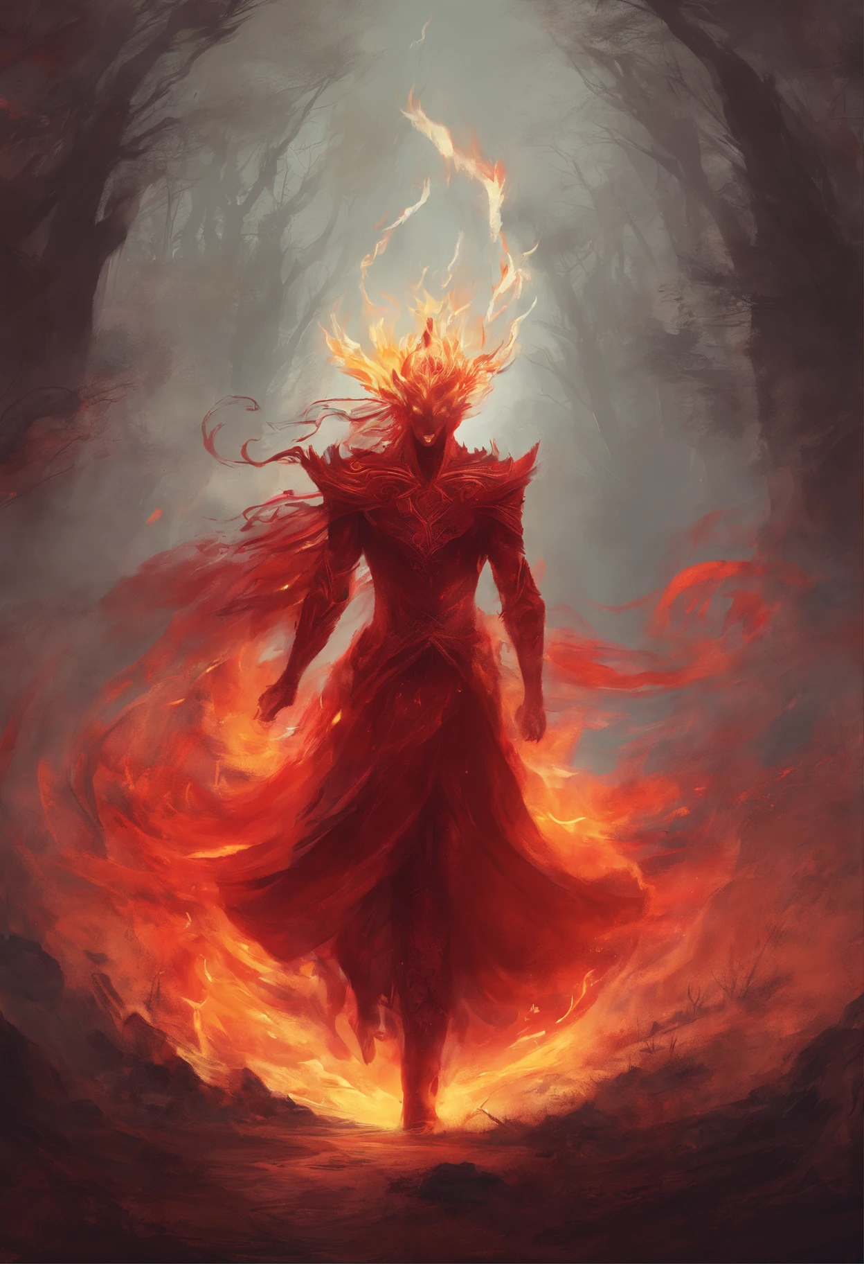 arafed image of a man in a red dress running through a field, holy fire spell art, fire elemental, walking out of flames, fire demon, holy flame spell, appears as the fire goddess, goddess of fire, lava and fire goddess, ghost of the fire spirit, flame conjuring, pyromancer, flame spell, peter mohrbacher''