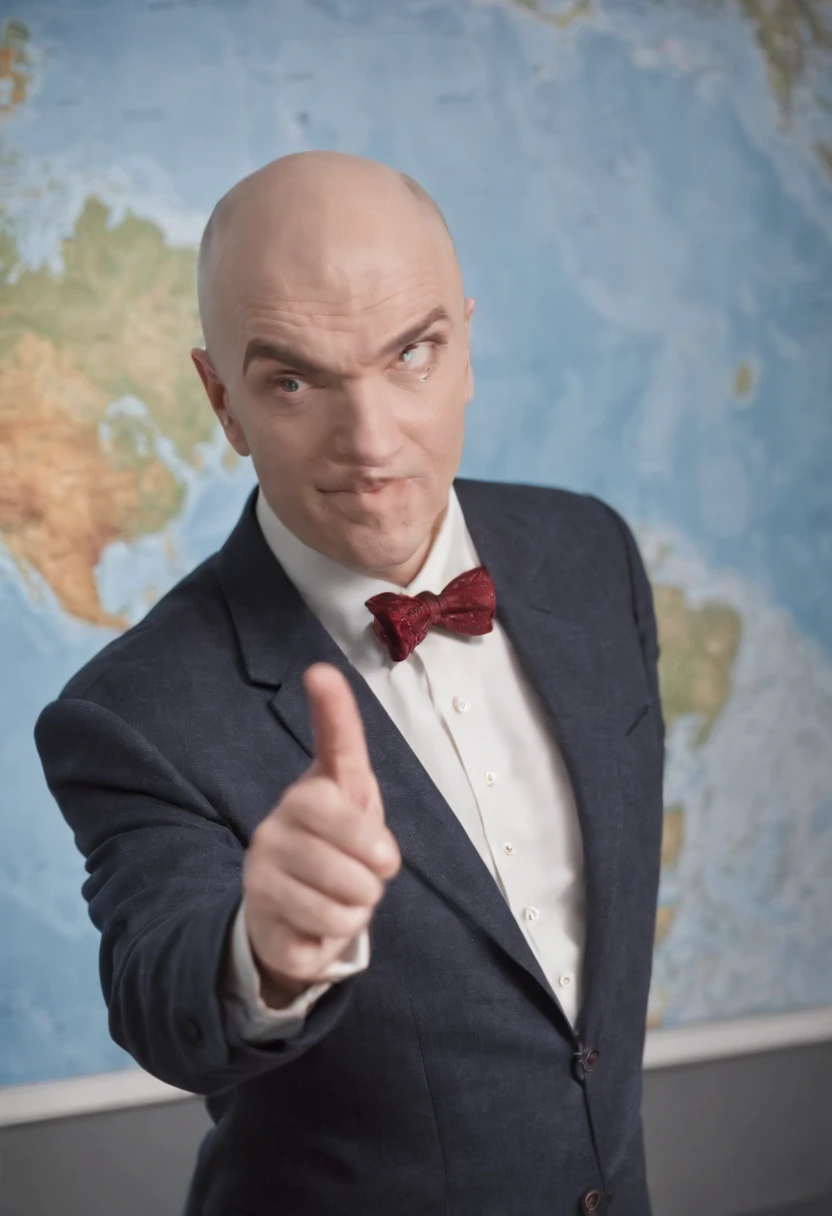 A photo of Doctor Evil standing in front of a giant world map, pointing at various countries with a mischievous grin.,Austin Powers: International Man of Mystery,Doctor Evil, the comical villain from the “Austin Powers” series, is characterized by his bald head, a prominent scar running down his right eye, and a matching gray suit that gives him a distinctively villainous look. He often accentuates his appearance with a dramatic, exaggerated facial expression, usually accompanied by his signature pinky gesture near his mouth.