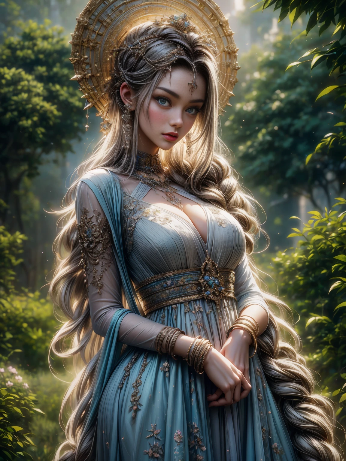 A girl with detailed eyes and lips standing in a scenic garden, surrounded by vibrant flowers and tall lush trees, bathed in soft sunlight. She is wearing a flowing dress that matches the colors of the blooming flowers around her. The garden is filled with a sense of tranquility and serenity. The scenery is depicted in a vivid and realistic style, with ultra-detailed textures and sharp focus. The colors are vibrant and the overall tone is warm and inviting. The lighting is natural and soft, casting gentle shadows on the girl's face and creating a beautiful play of light and shadow. The artwork is created using a combination of digital painting and traditional illustration techniques, resulting in a visually stunning masterpiece.
