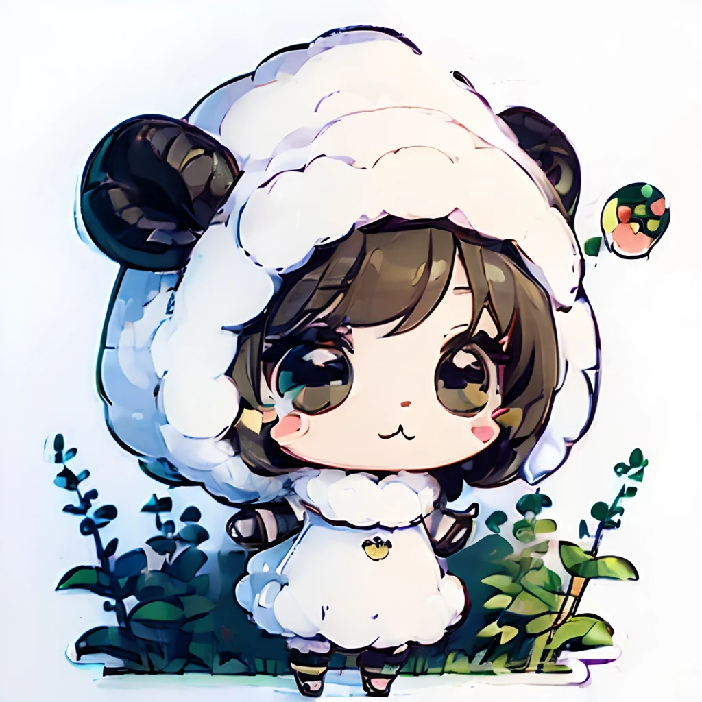 (((a sticker:1.5)))、((Chibi Chara))、(White background): Girl in a cute sheep bodysuit ,Big eyes, fluffy body,Random hair,fullllbody,in woods，top-quality