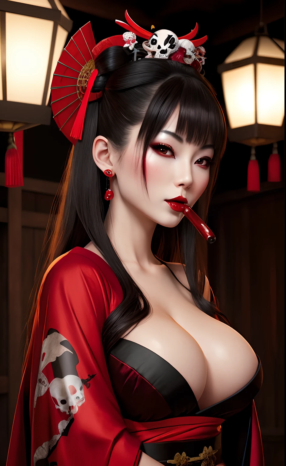8yk, raw photo, (masterpiece), (best quality 8k), high resolution, (1 girl) vampire geisha, beautiful woman, hot, night maiden, big breasts, goddess of darkness, wearing a short red and black kimono with skulls drawn (realistic, photorealistic: 1.2), ultra detailed, physically-based rendering, blood dripping on the side of the mouth