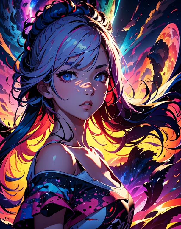 Beautiful face, beautiful body, Girl standing in the clouds staring up as the stars, stars floating around her, brilliant colors, amazing swirls of cosmic dust, colorful vibrant, light particles, Create digital artwork in the Pop Art style, Featuring a vibrant and confident young Asian girl,street fashion (vibrant), Movie color scheme, Surrounded by vintage flower motifs, Vibrant brushstrokes,Emotions should be dynamic, Upper body, Drawing, illustration,