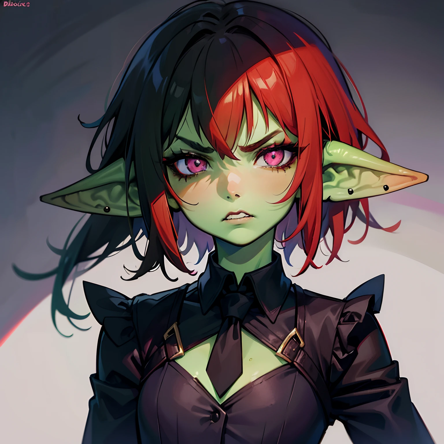 1 girl, portrait, goblin girl, green skin, red hair, short hair, bobcut, lip piercing, pink eyes, black shirt, black tie, black lipstick, black eye makeup, small chest, angry, black background, hands behind back, office lady, buiseness suit, close-up