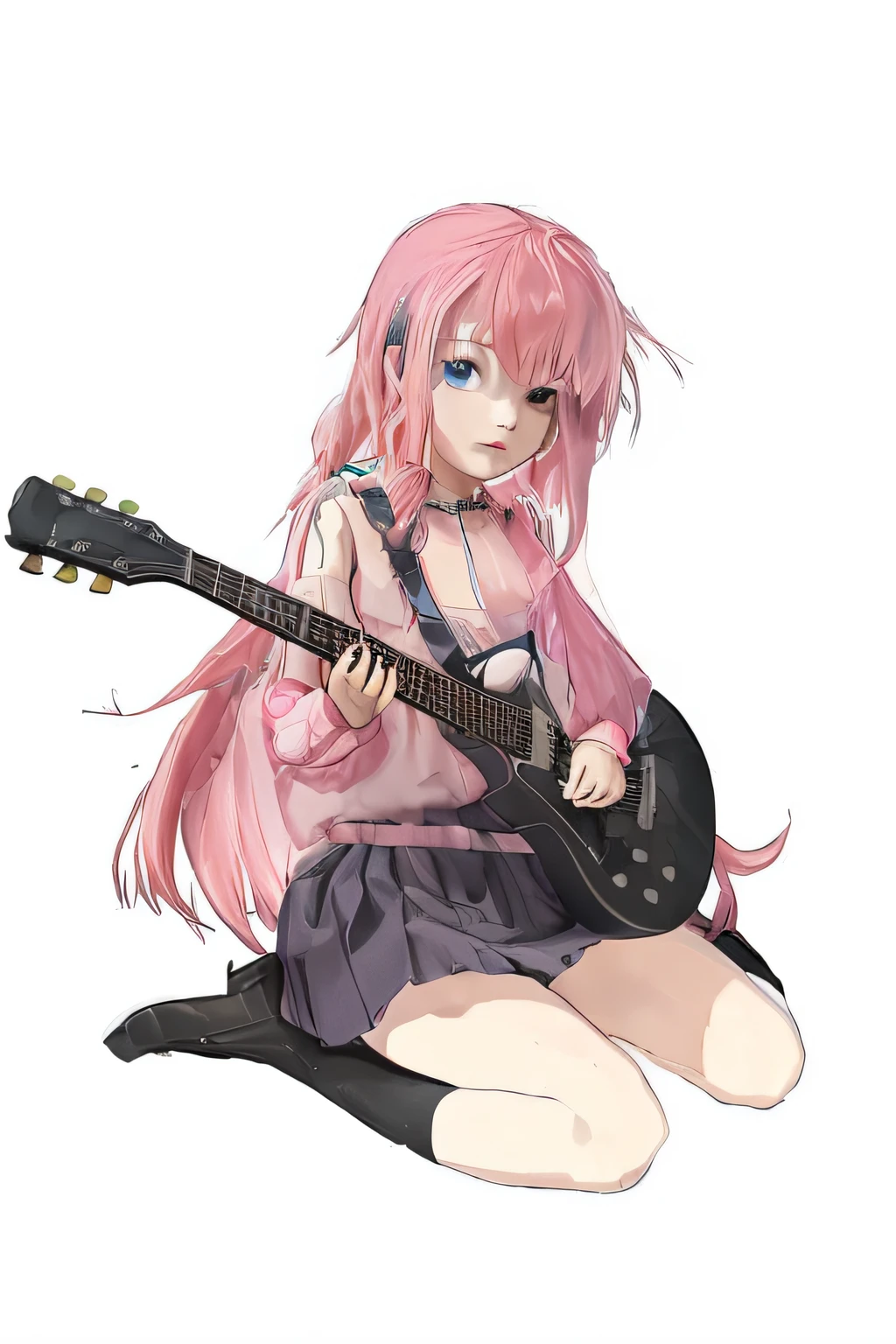 Young girl with pink hair holding guitar